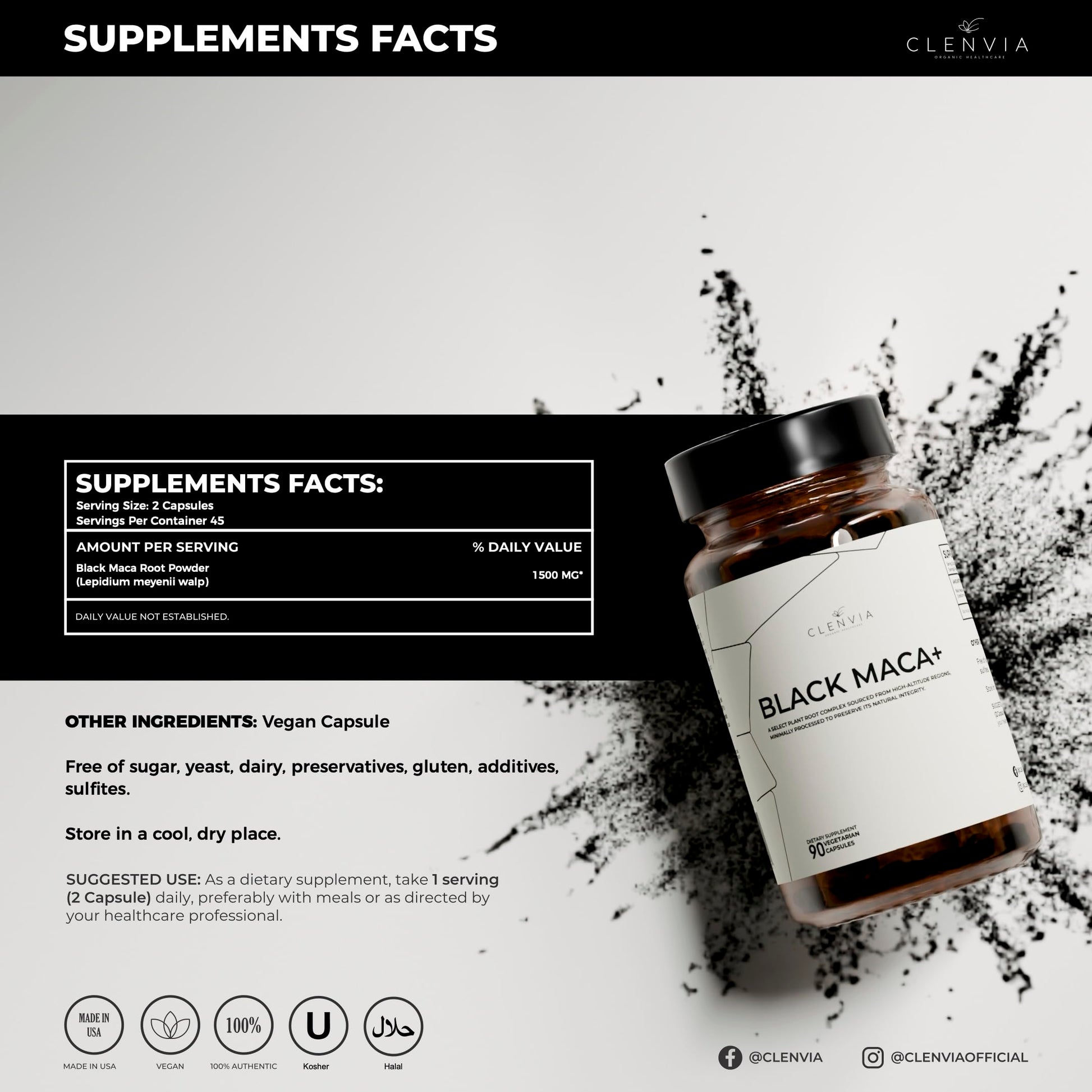 Black Maca Capsules – 1500mg Premium Organic Maca Root Powder – Nutrient-Rich Superfood Packed with Vitamins A, C, B-Complex, Iron, Zinc & Calcium – Non-GMO, Gluten-Free, 90 Count, Made in The USA - Medaid International