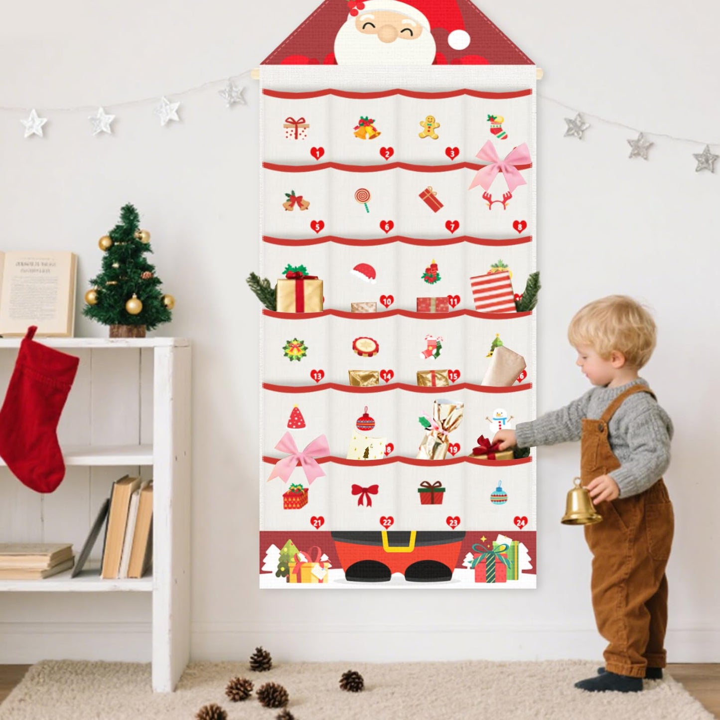 Auch Santa Advent Calendar 24 Days Hanging Wall Decoration, Fabric Christmas Countdown Calendar with Pockets for Candy Gifts, Reusable Xmas Decor for Kids Family Home - Medaid International