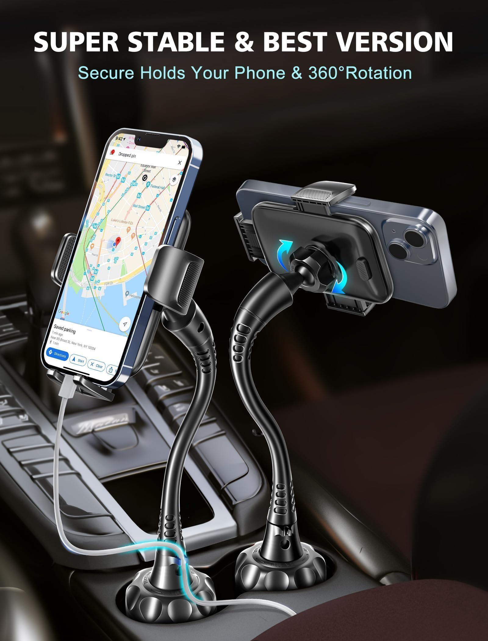 TOPGO Cup Phone Holder for Car [2025 Upgraded Ultra-Sturdy & Non-Shaking] Car Phone Mount with Adjustable Long Gooseneck Cell Phone Automobile Cradles for iPhone 16 Pro Max and More Smartphone - Black - Medaid International