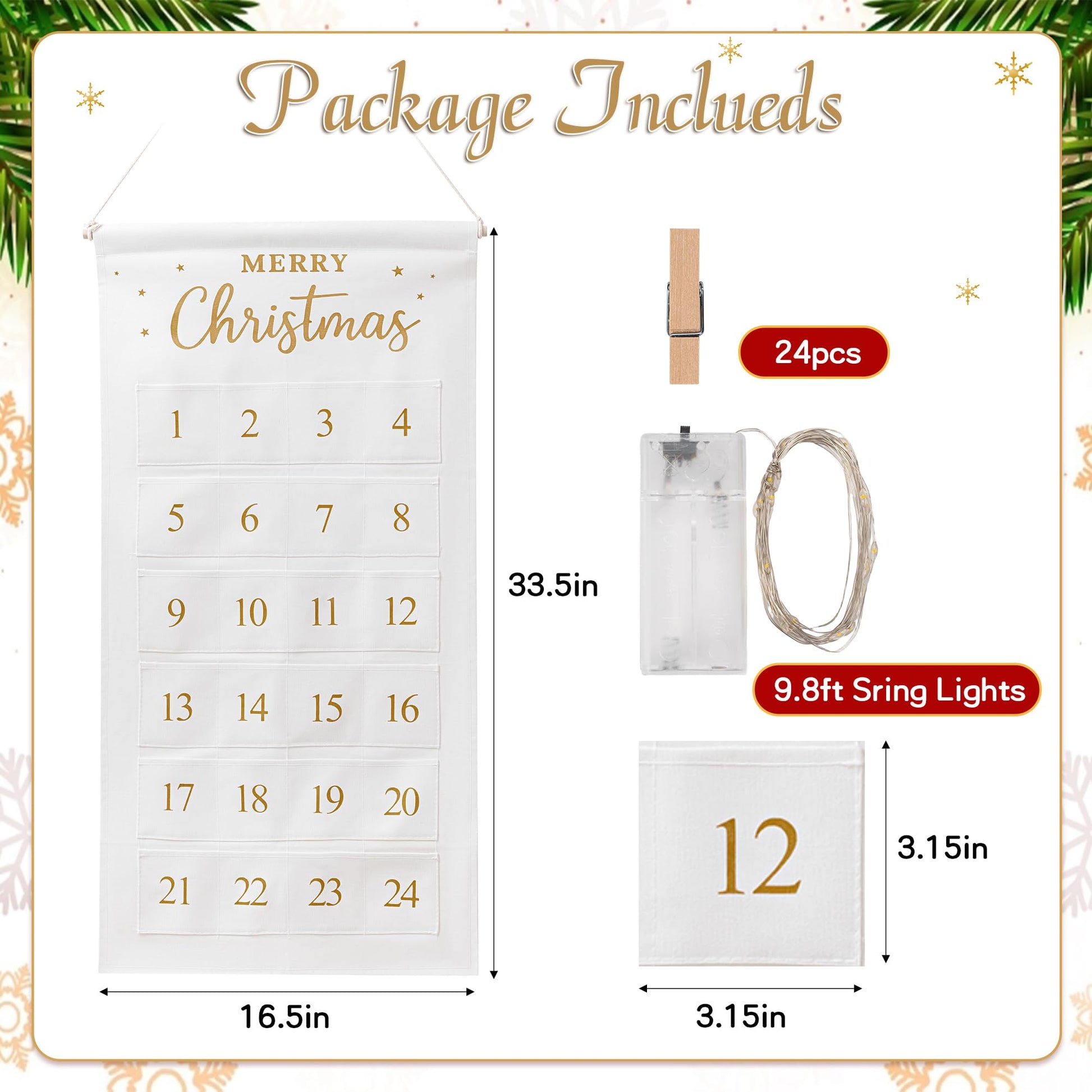 Christmas Picture Countdown Board Photo Advent Calendar with Pockets Reusable Photo-Display Collage Board for Festival Memory Countdown - Medaid International