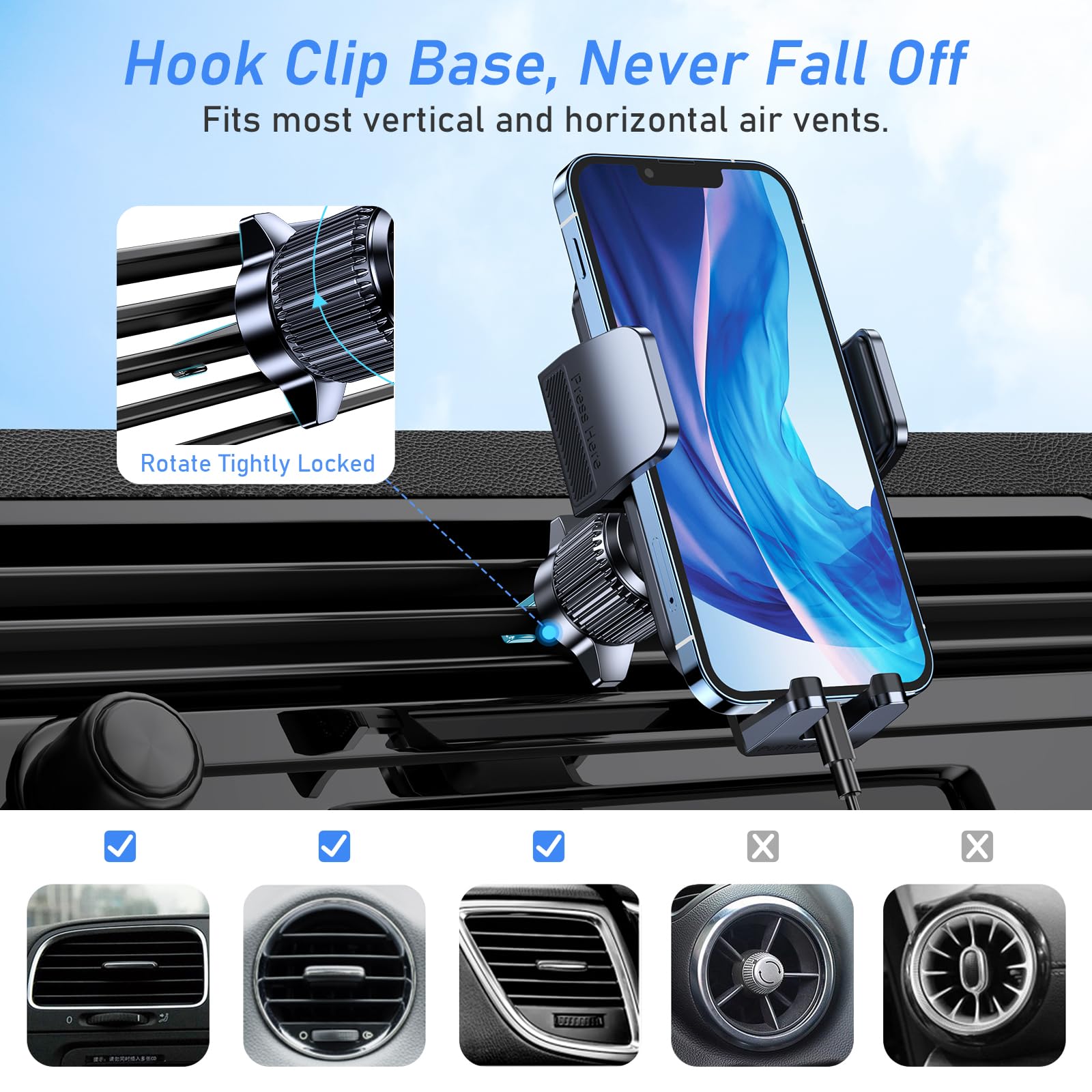 Car Phone Holder Mount, Super Stable Air Vent Cell Phone Car Mount with 2025 Metal Hook Clip, 360° Rotation,One Button Release for iPhone, Galaxy, Google, and All Other Smartphones - Medaid International