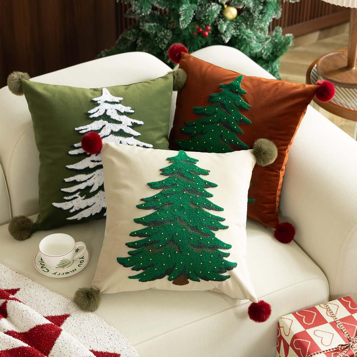 MOCOFO Red Pillowcase 18x18'' Embroidered Christmas Tree Pillow Cover - Festive Long Sofa and Bedside Cushion Cover Décor Cover ONLY - Medaid International