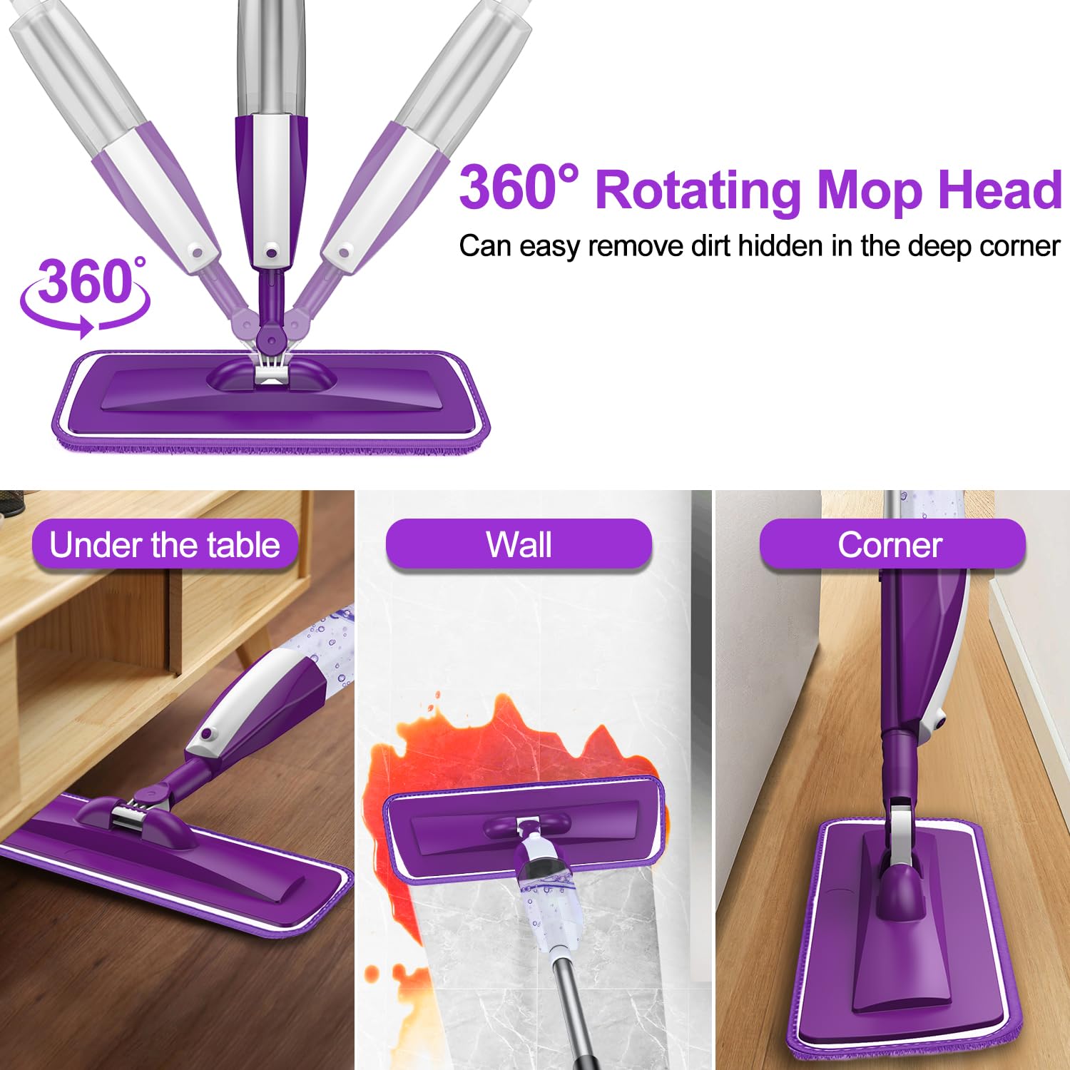 Microfiber Spray Mop for Floor Cleaning - Reusable Floor Mop with 3 Washable Pads, Refillable Bottle Flat Mop with Sprayer for Hardwood Laminate Wood Floor Cleaning - Medaid International