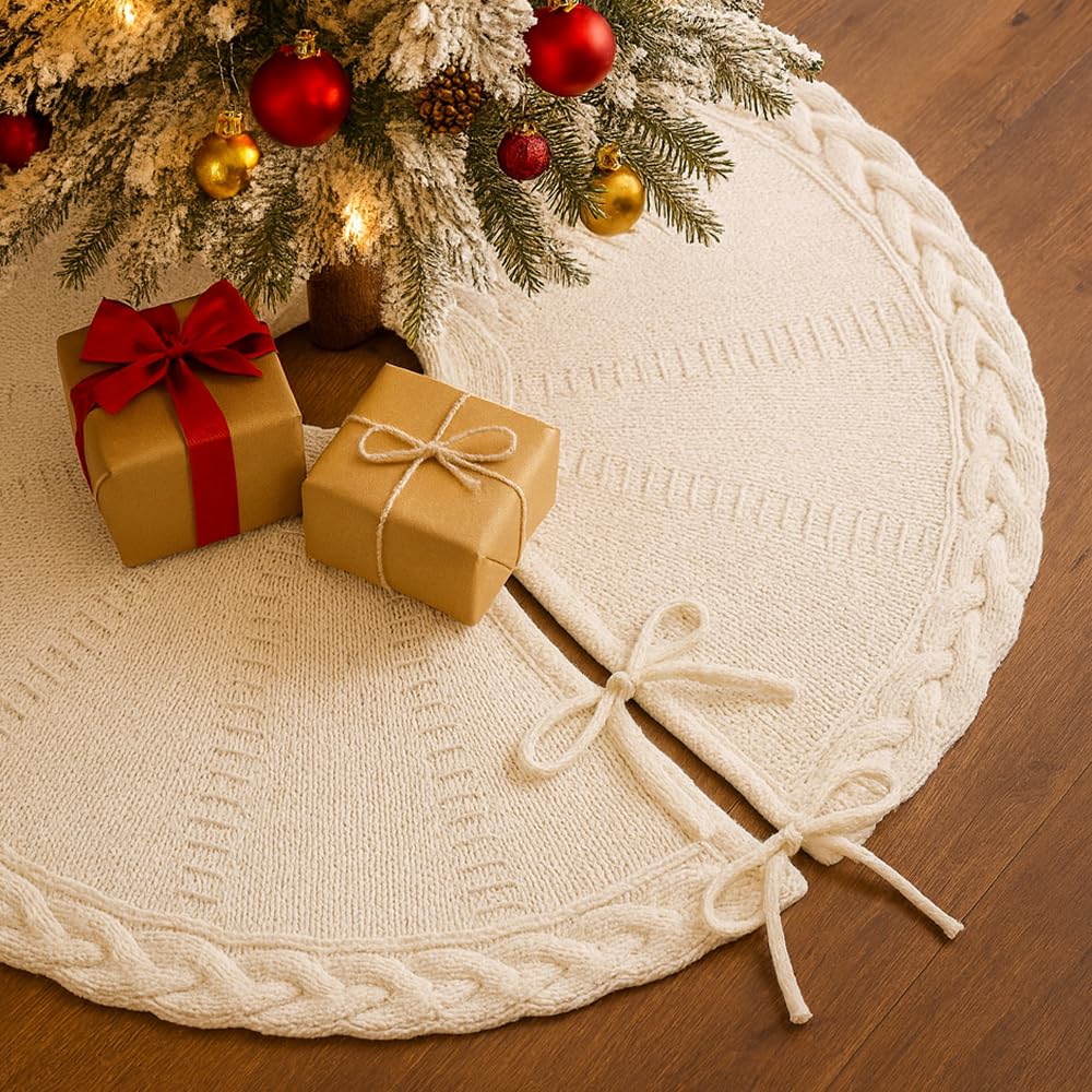 PUKUPIG 24 Inch White Knitted Small Christmas Tree Skirt, Chunky Cable Knit with Braided Scalloped Edge, Perfect for Xmas Holiday Decorations - Medaid International