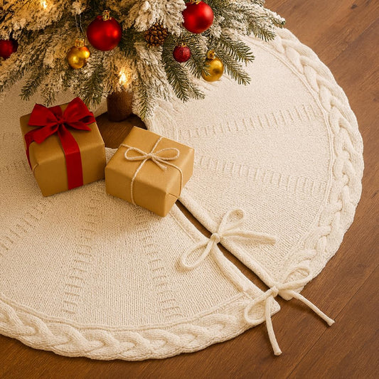 PUKUPIG 24 Inch White Knitted Small Christmas Tree Skirt, Chunky Cable Knit with Braided Scalloped Edge, Perfect for Xmas Holiday Decorations - Medaid International