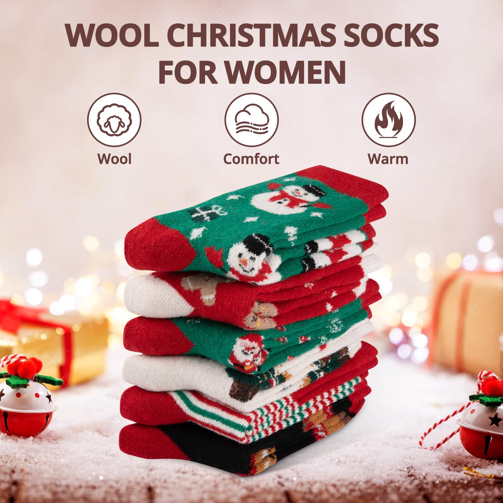 eallco Christmas Socks for Women Funny Cute Wool Socks Crew Novelty Xmas Christmas Gift 6 Pairs - Medaid International