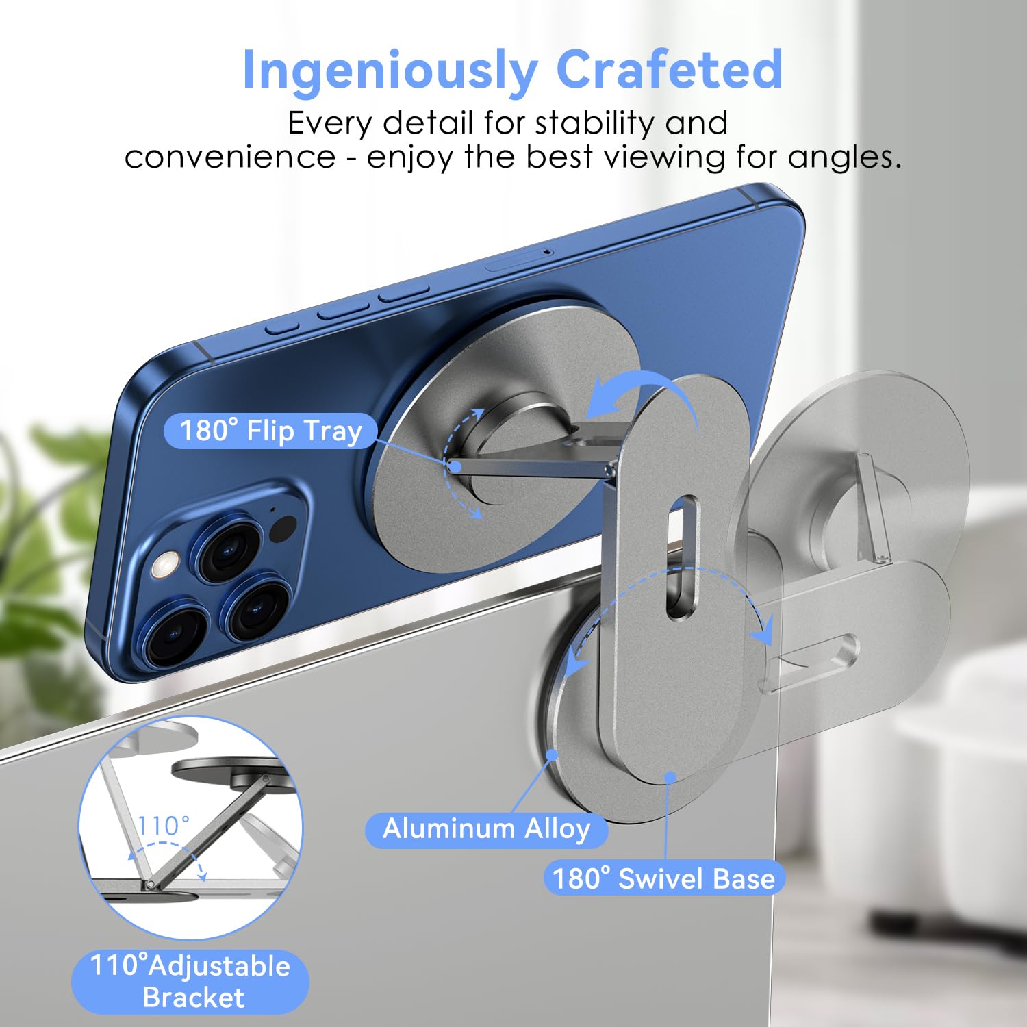 CloudValley Magnetic Laptop Phone Holder, 360° Rotating Mount Compatible with iPhone MagSafe and All Phones, MacBook, PC Monitor, Screen Stand for Tesla, Portable Accessory, Grey - Medaid International