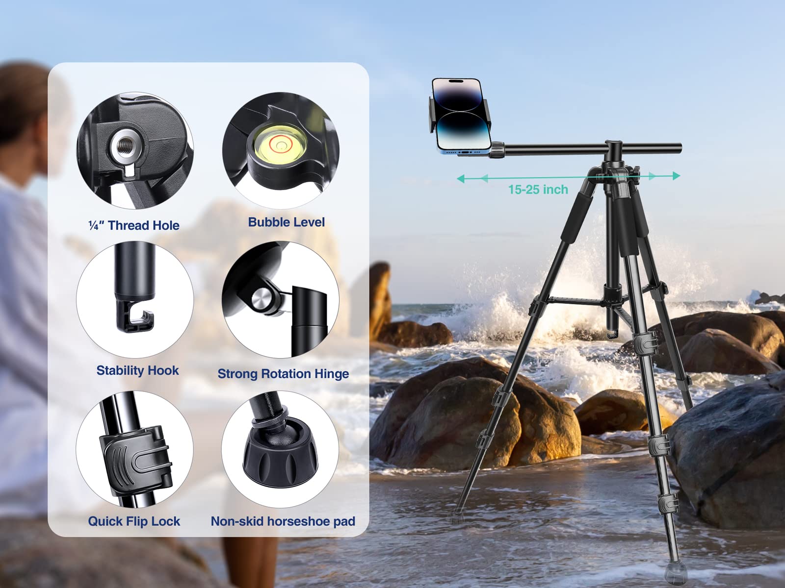 Elitehood iPhone Tripod for Overhead Video Recording [Heavy Duty & Ultra-Stable], 25in Horizontal Long Extendable Boom, 360° Rotation iPhone Tripod Stand with Remote, Vertical 71" Tall Phone Stand - Medaid International