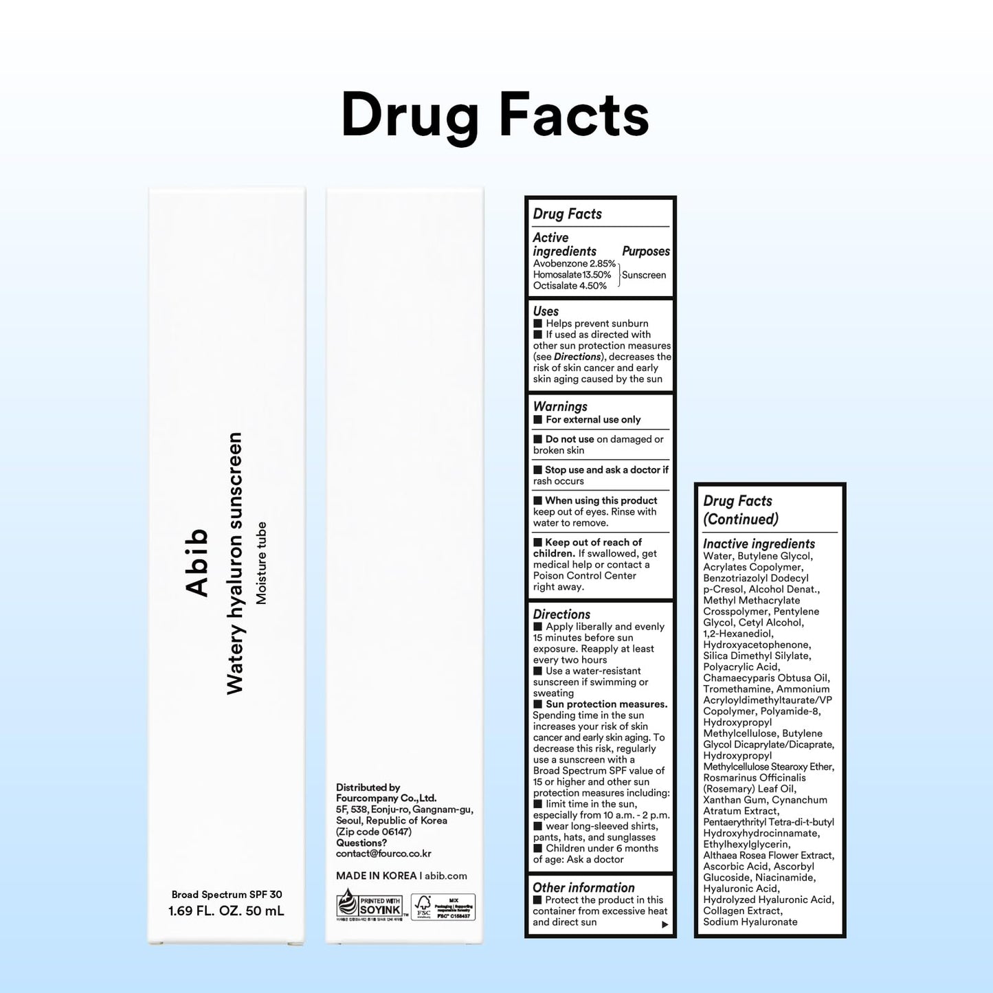 Abib Watery Hyaluron Sunscreen Moisture Tube Broad Spectrum SPF 30 1.69 fl oz / 50ml | Korean Suncreen Suncare Sunblock No White cast Reef Safe Hyaluronic Acid Niacinamide Vitamin C Collagen - Medaid International