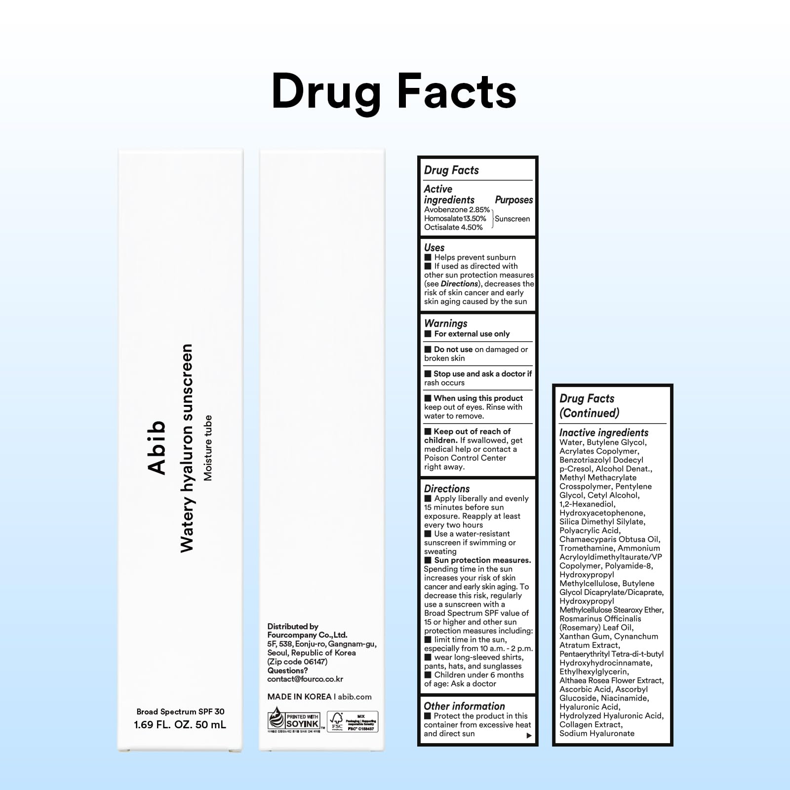 Abib Watery Hyaluron Sunscreen Moisture Tube Broad Spectrum SPF 30 1.69 fl oz / 50ml | Korean Suncreen Suncare Sunblock No White cast Reef Safe Hyaluronic Acid Niacinamide Vitamin C Collagen - Medaid International