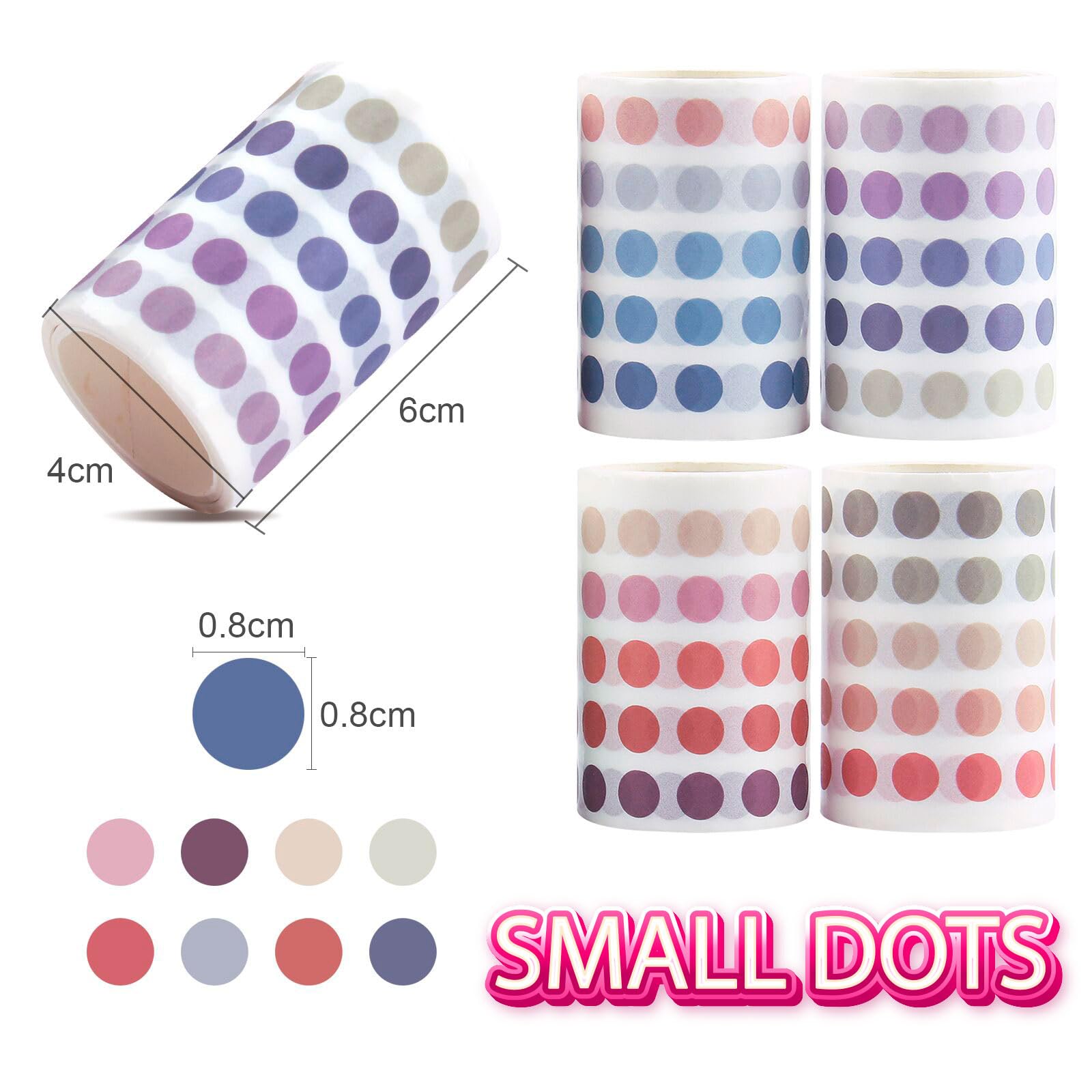 NOGAMOGA Washi Dot Stickers, 8mm Small Translucent Circle Stickers Washi Tape Small Round Color Coding Labels for Bullet Journals, Planners, Calendars, Manila Files - 8 Rolls - Medaid International