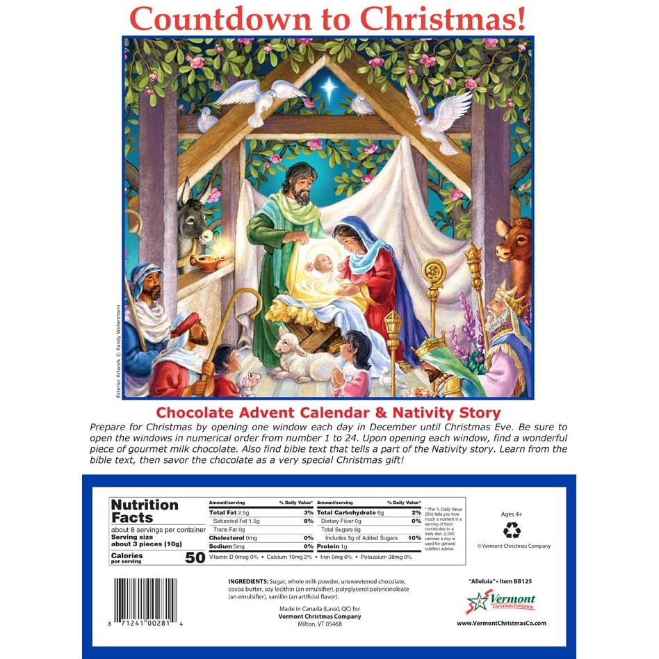 Advent Calendar 2025 Religious with Gourmet Milk Chocolate - 24 Windows Filled with Delicious Chocolate, Nativity Story Included, Perfect Advent Calendar for Adults - Vermont Christmas Company - Medaid International