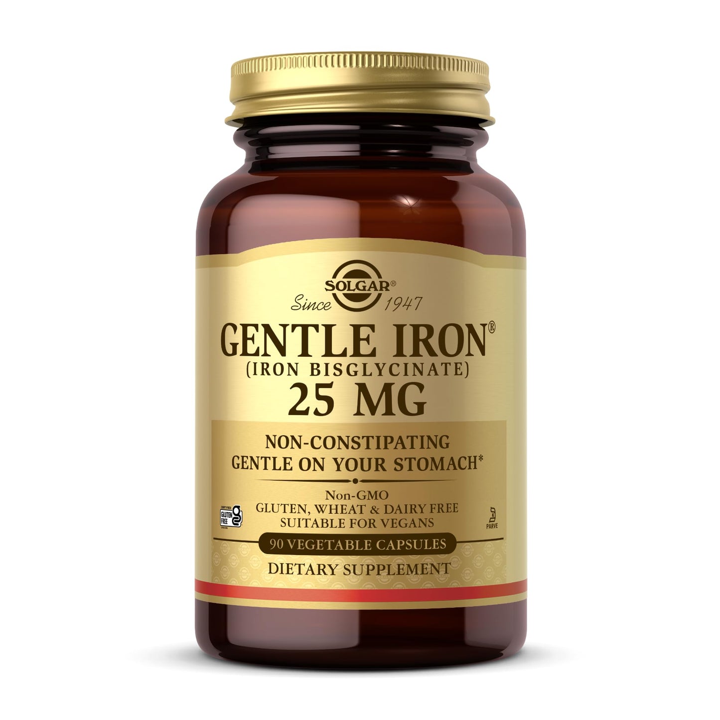 Solgar Gentle Iron (Iron Bisglycinate) 25 mg - 90 Vegetable Capsules - Non-Constipating, Gentle on Your Stomach - Gluten Free - 90 Servings - Medaid International