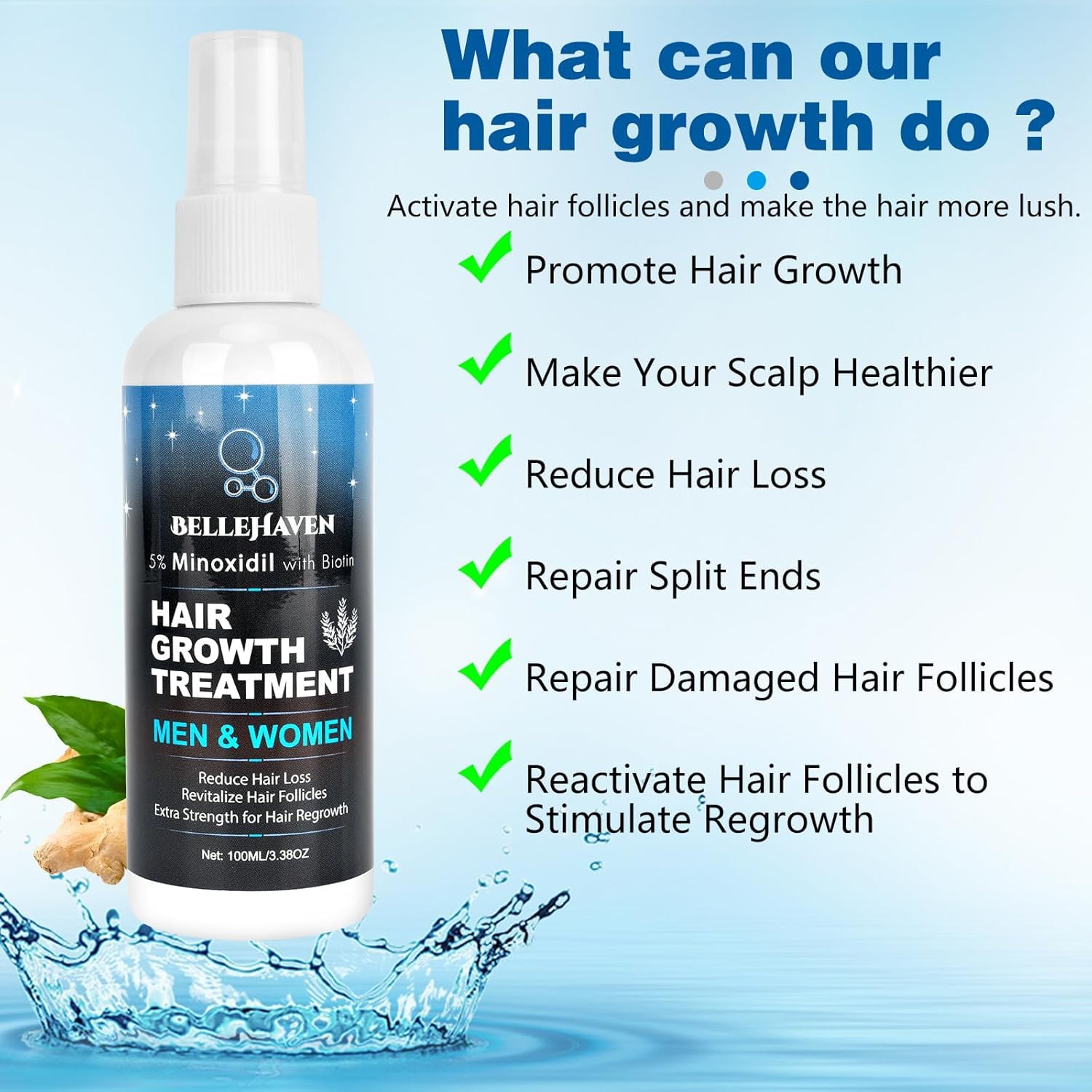 5% Minoxidil for Men Women, 100ML Minoxidil Hair Growth, Hair Regrowth Treatment Spray, Minoxidil Topical Solution Hair Growth Serum Stop Thinning and Loss Hair 2 Month Supply, for Beard, Hair - Medaid International