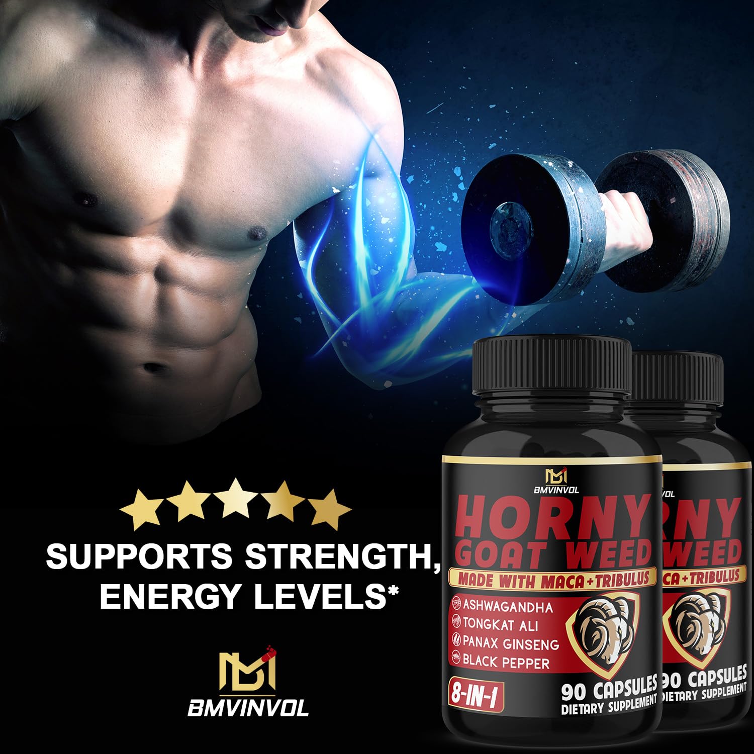 BMVINVOL 2Packs Horny Goat Weed Capsules - 180 Capsules for 6 Month Supply - Maca, Ginseng, Tribulus Terrestris, Ashwagandha - Medaid International