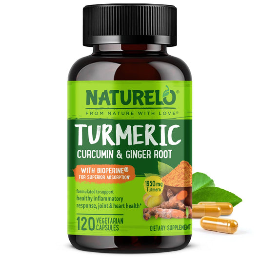 NATURELO Turmeric Curcumin - BioPerine for Better Absorption - Black Pepper, Ginger Root, Curcuminoids - Plant-Based Joint Discomfort Support - 120 Vegan Capsules - Medaid International