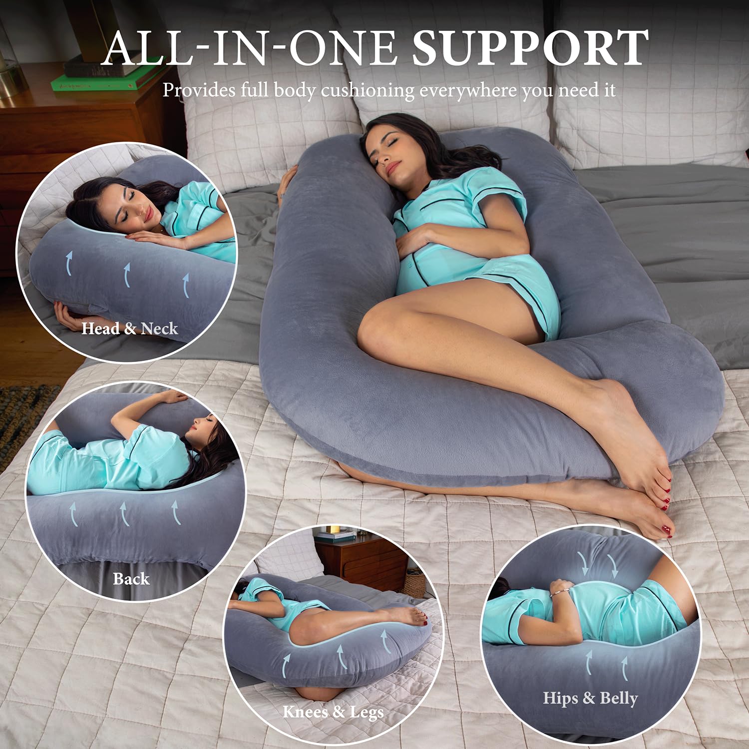 Pharmedoc Pregnancy Pillows, U-Shape Full Body Pillow -Removable Cover Jumbo Size - Gray - Pregnancy Pillows for Sleeping - Body Pillows for Adults, Maternity Pillow and Pregnancy Must Haves - Medaid International