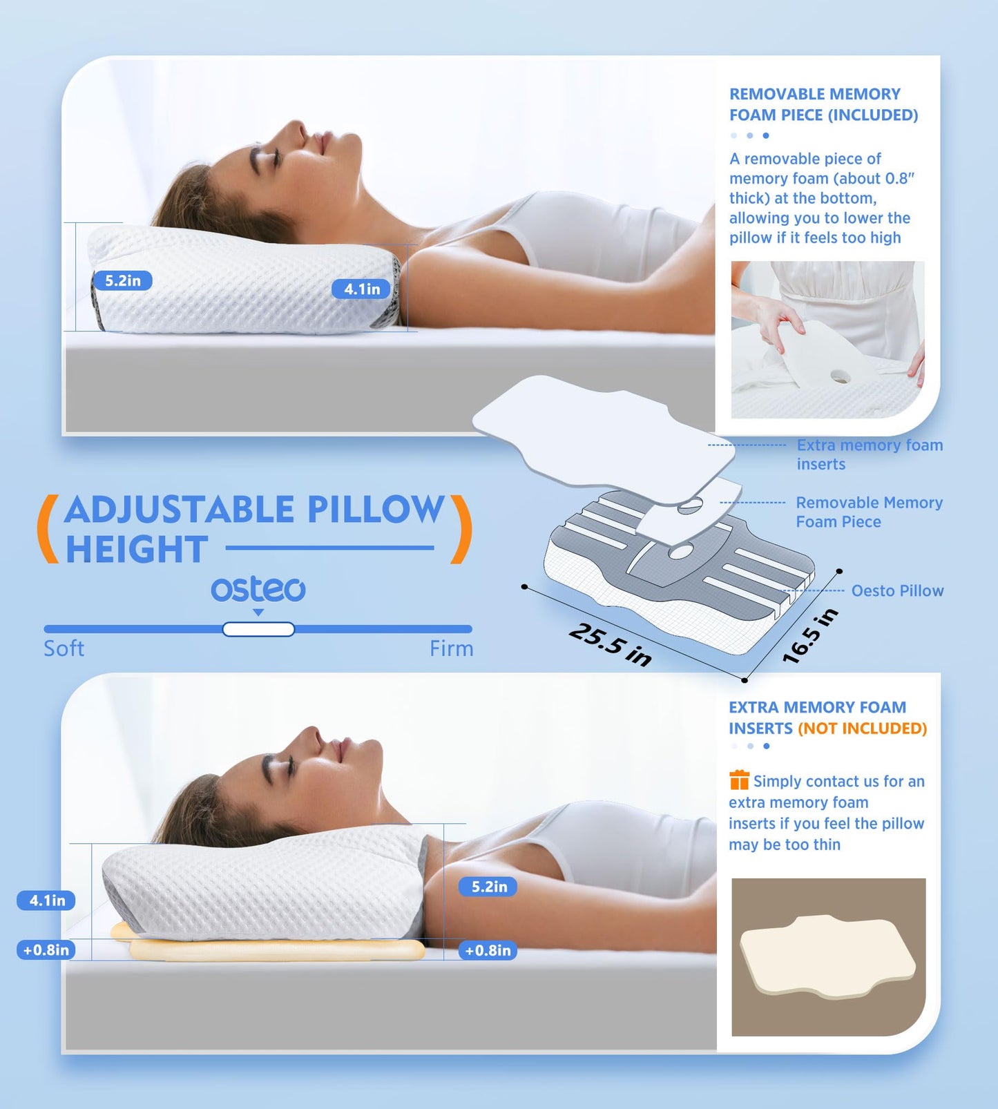 Osteo Cervical Pillow for Neck Pain Relief, Hollow Design Odorless Memory Foam Pillows with Cooling Case, Adjustable Orthopedic Bed Pillow for Sleeping, Support for Side Back Sleepers - Medaid International