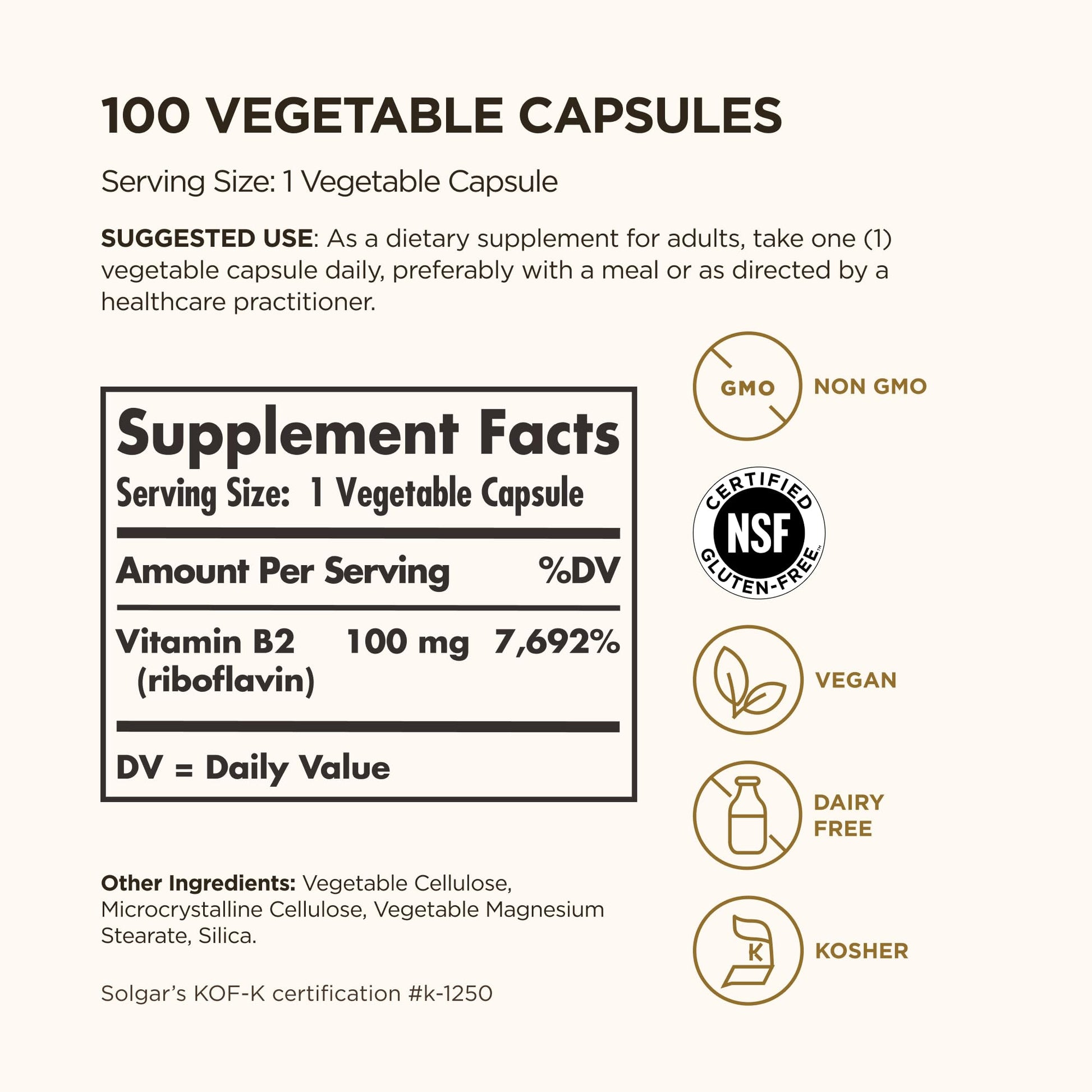 Solgar Vitamin B2 (Riboflavin) 100mg, 100 Vegetable Capsules - Energy Metabolism, Healthy Nervous System - Non-GMO, Vegan, Gluten Free, Dairy Free, Kosher - 100 Servings - Medaid International