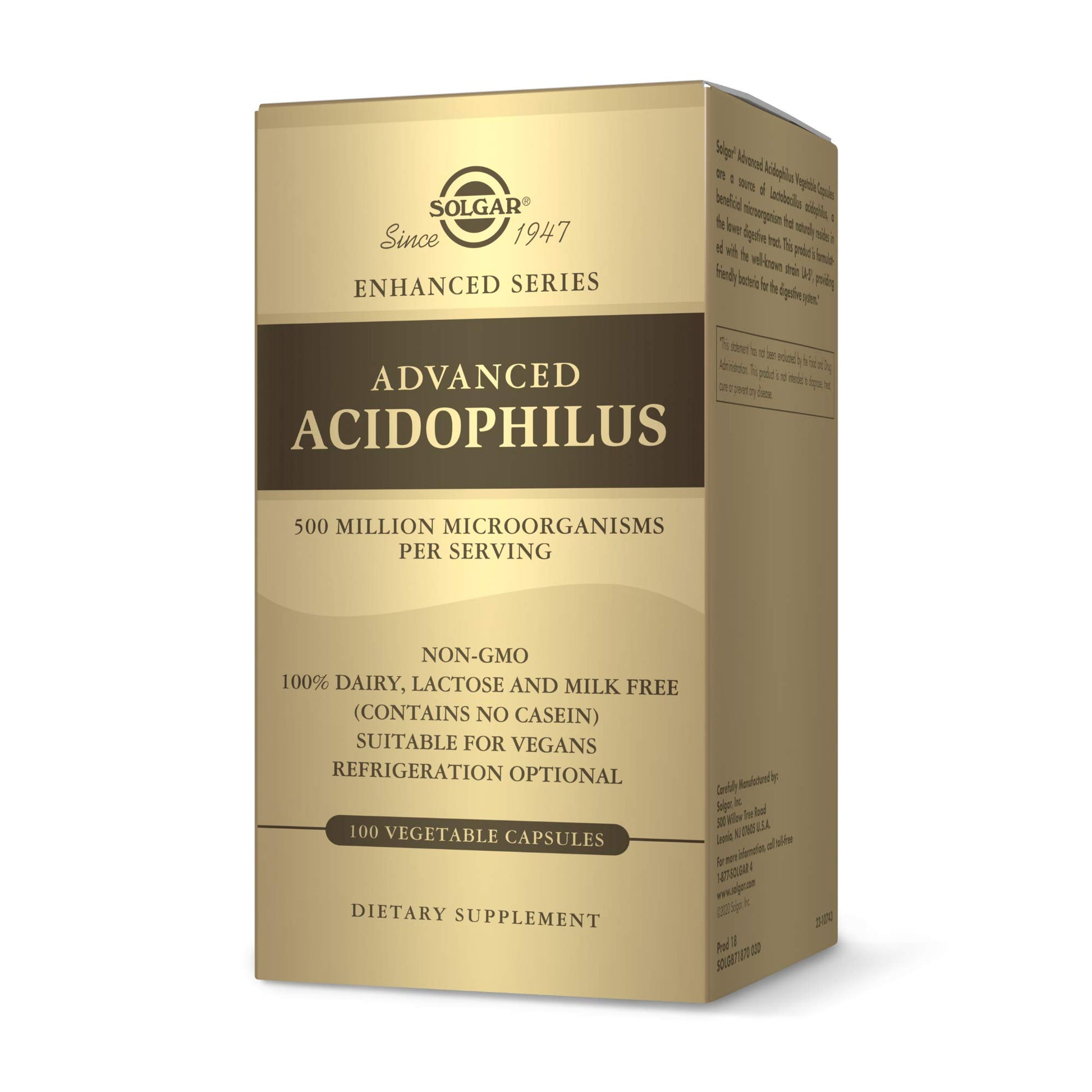 Solgar Advanced Acidophilus, 100 Vegetable Capsules - Supports Healthy Intestinal Flora - 500 Million Microorganisms Per Serving - Gluten & Dairy Free - Vegetarian - 100 Servings - Medaid International