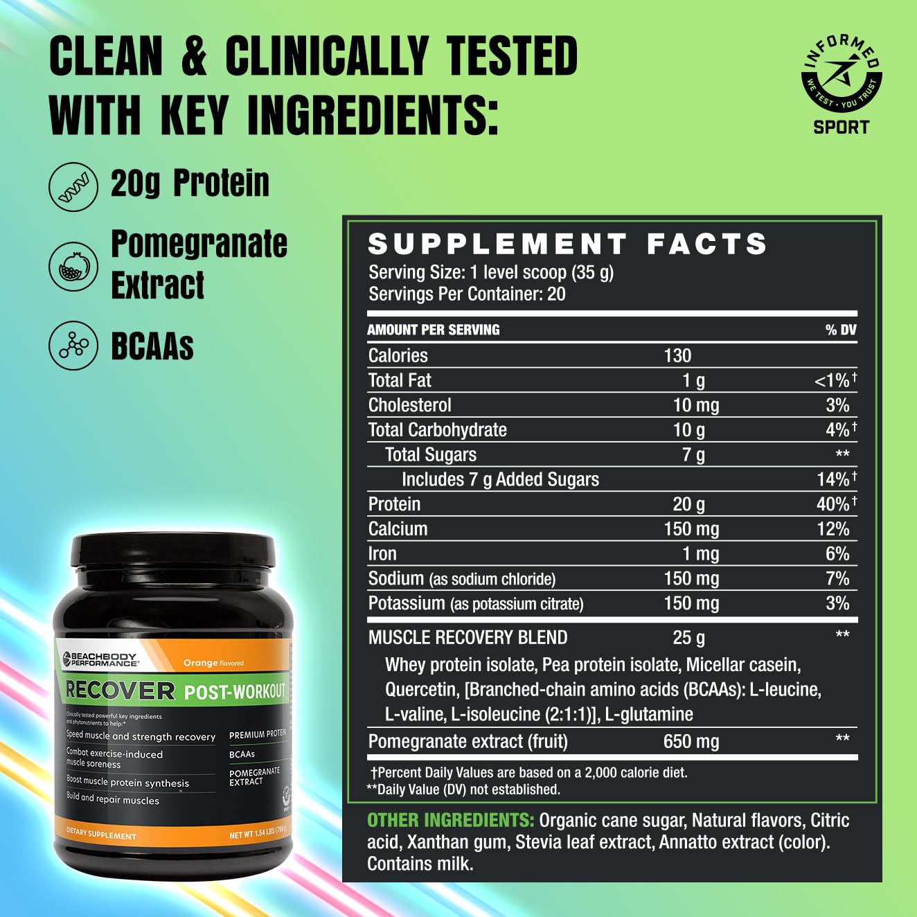 BODi Recover Whey Protein Powder Blend– Post-Workout Orange Whey Supplement for Muscle Recovery with 20g Protein, BCAAs, Pomegranate Extract - Fast Recovery - 20 Serving Tub - Medaid International