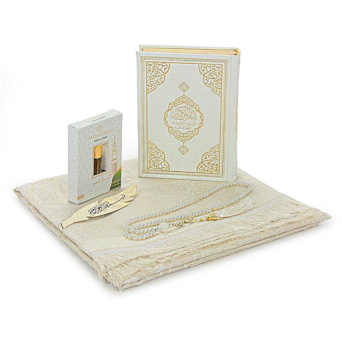 ihvan online Prayer Gift Set for Hajj and Umrah, Muslim Prayer Rug, Prayer Mat, Beads Taasbih, Holy Quran Translated English, Muslim Praying Mat, Islamic Gift Set for Ramadan & Eid, White - Medaid International