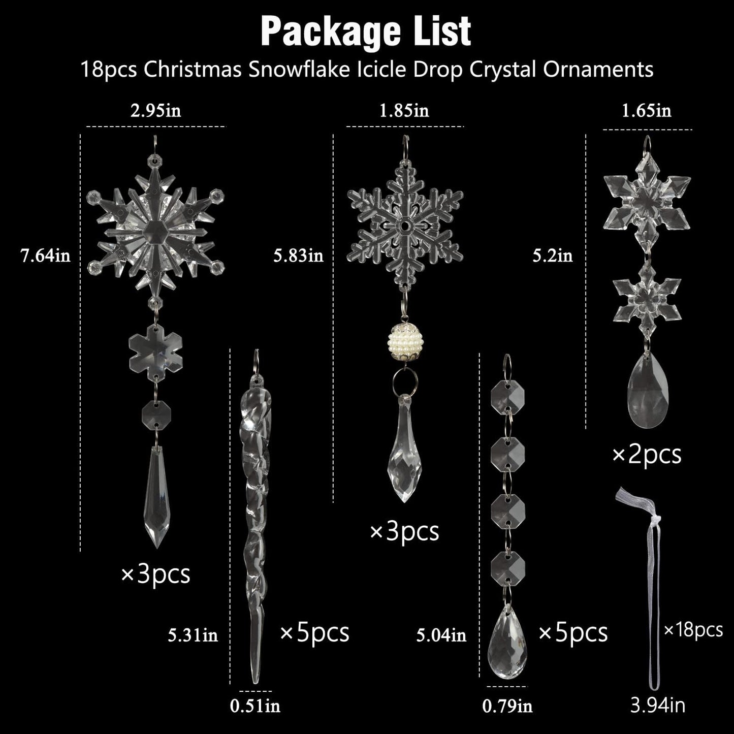 18pcs Christmas Tree Decoration Crystal Ornaments - Hanging Acrylic Christmas Snowflake Icicle Drop Crystal Ornaments for Xmas Tree Winter New Year Party Supplies - Medaid International