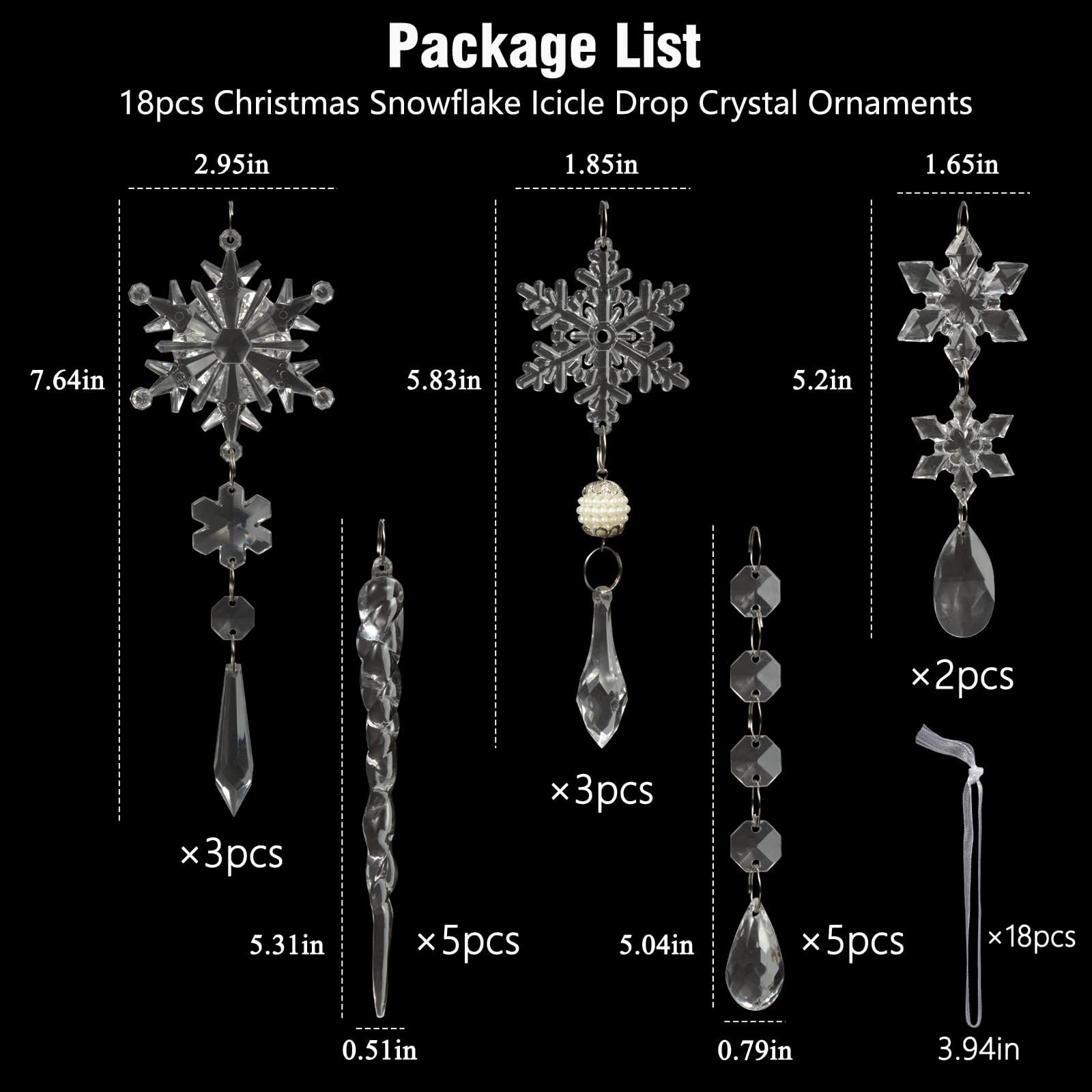 18pcs Christmas Tree Decoration Crystal Ornaments - Hanging Acrylic Christmas Snowflake Icicle Drop Crystal Ornaments for Xmas Tree Winter New Year Party Supplies - Medaid International