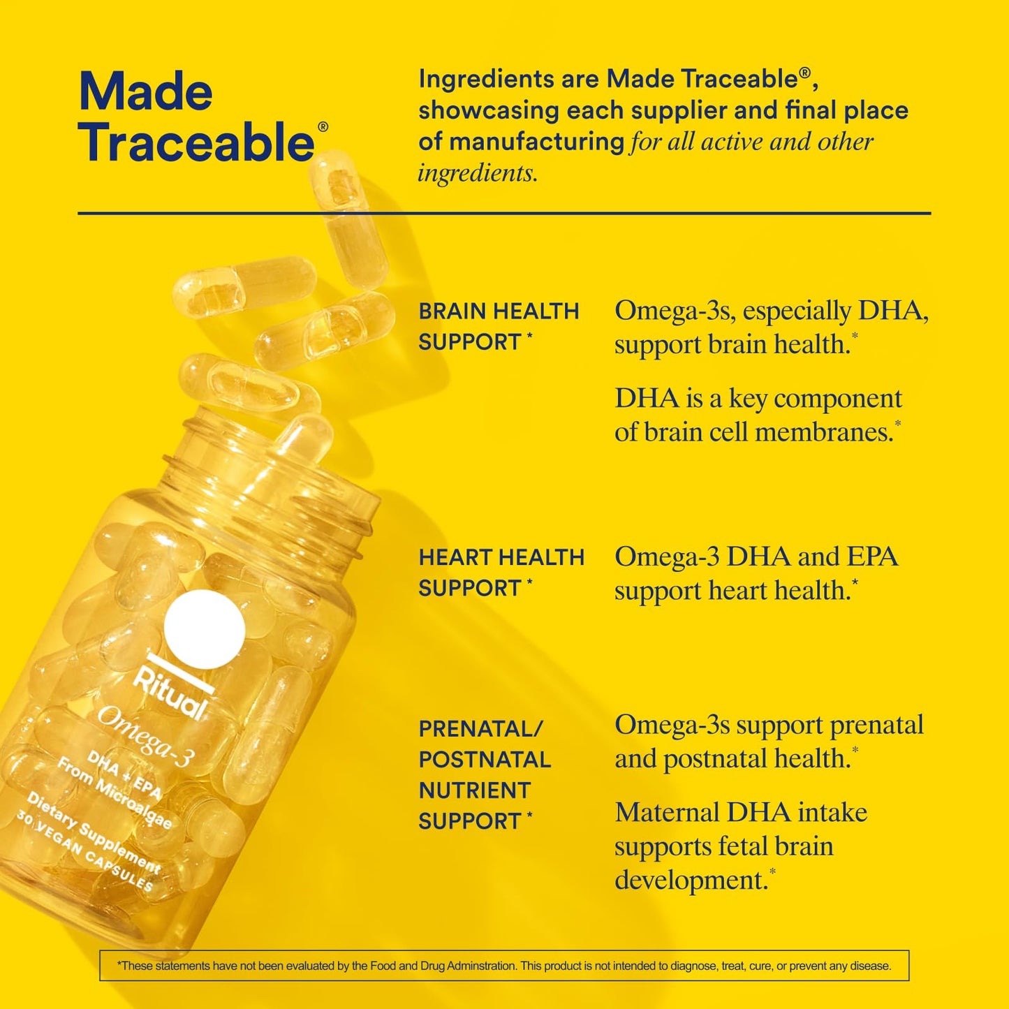 Ritual Omega 3 - Vegan - Science-Backed Dose of DHA & EPA Fatty Acids in 2:1 Ratio, Bioavailable, Brain and Heart Health Support, Minimal Burp-Back, Sustainably Sourced Microalgae, 30 Day Supply - Medaid International