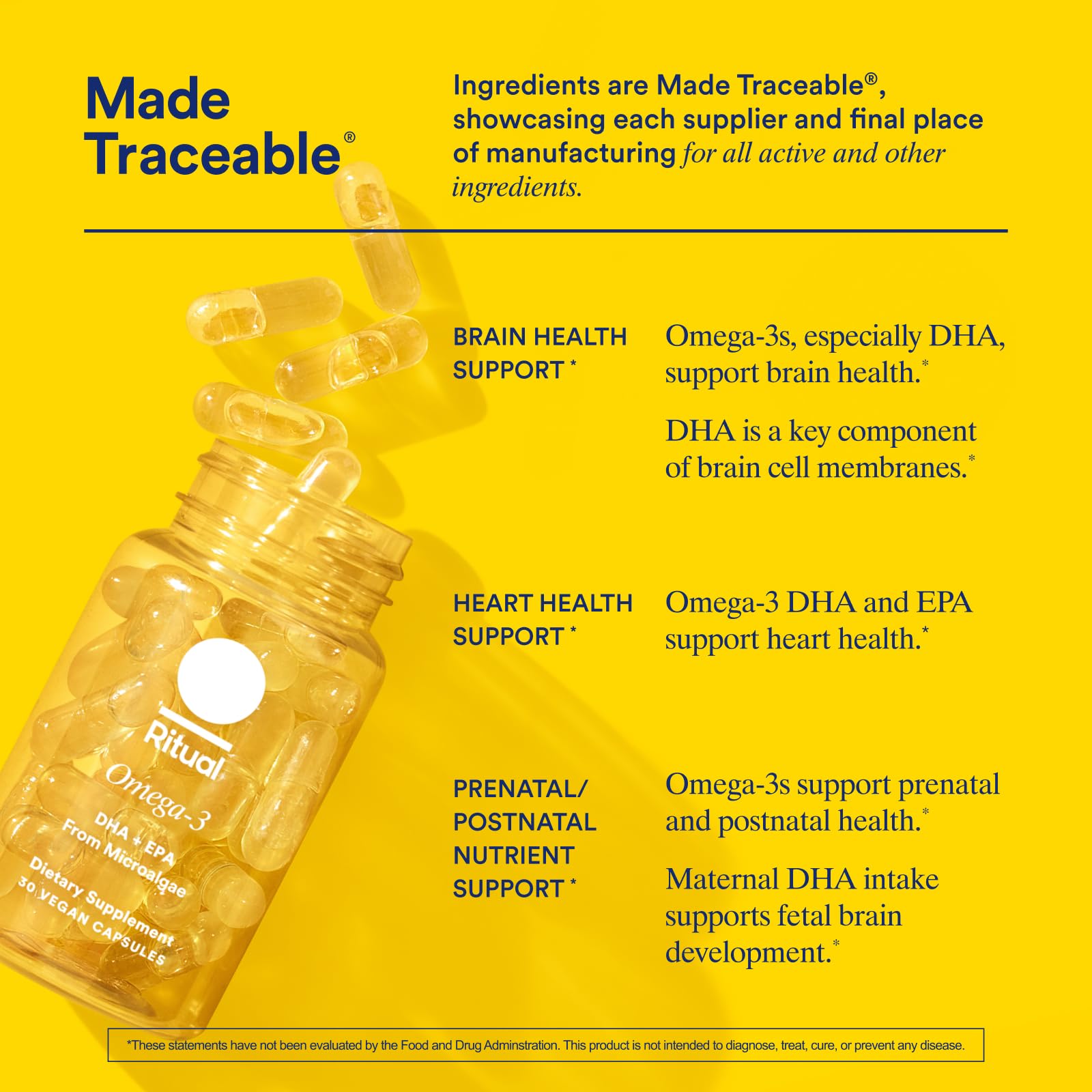 Ritual Omega 3 - Vegan - Science-Backed Dose of DHA & EPA Fatty Acids in 2:1 Ratio, Bioavailable, Brain and Heart Health Support, Minimal Burp-Back, Sustainably Sourced Microalgae, 30 Day Supply - Medaid International