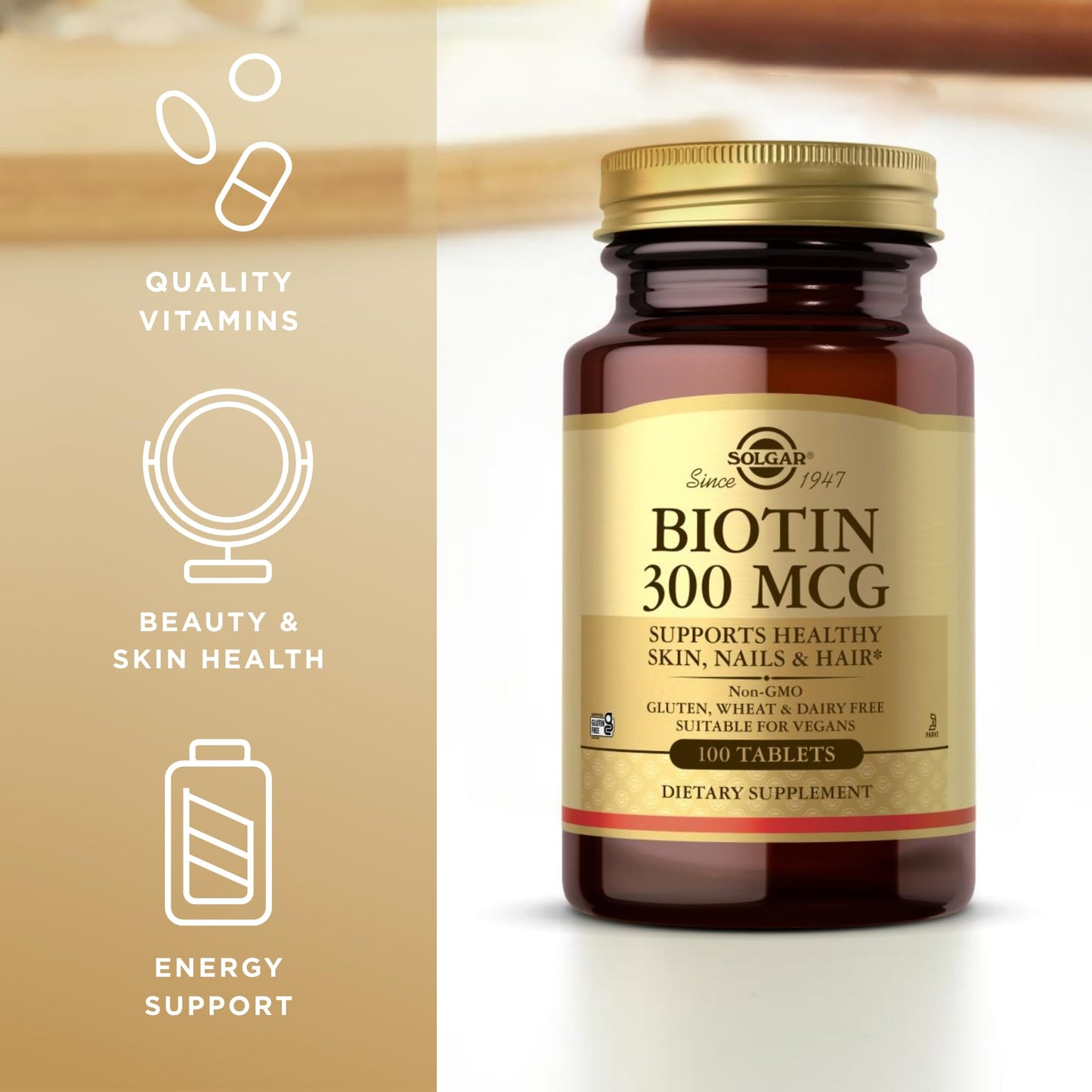 Solgar Biotin 300 mcg - 100 Tablets - Supports Healthy Skin, Nails & Hair - Non-GMO, Vegan, Gluten Free, Dairy Free, Kosher - 100 Servings - Medaid International