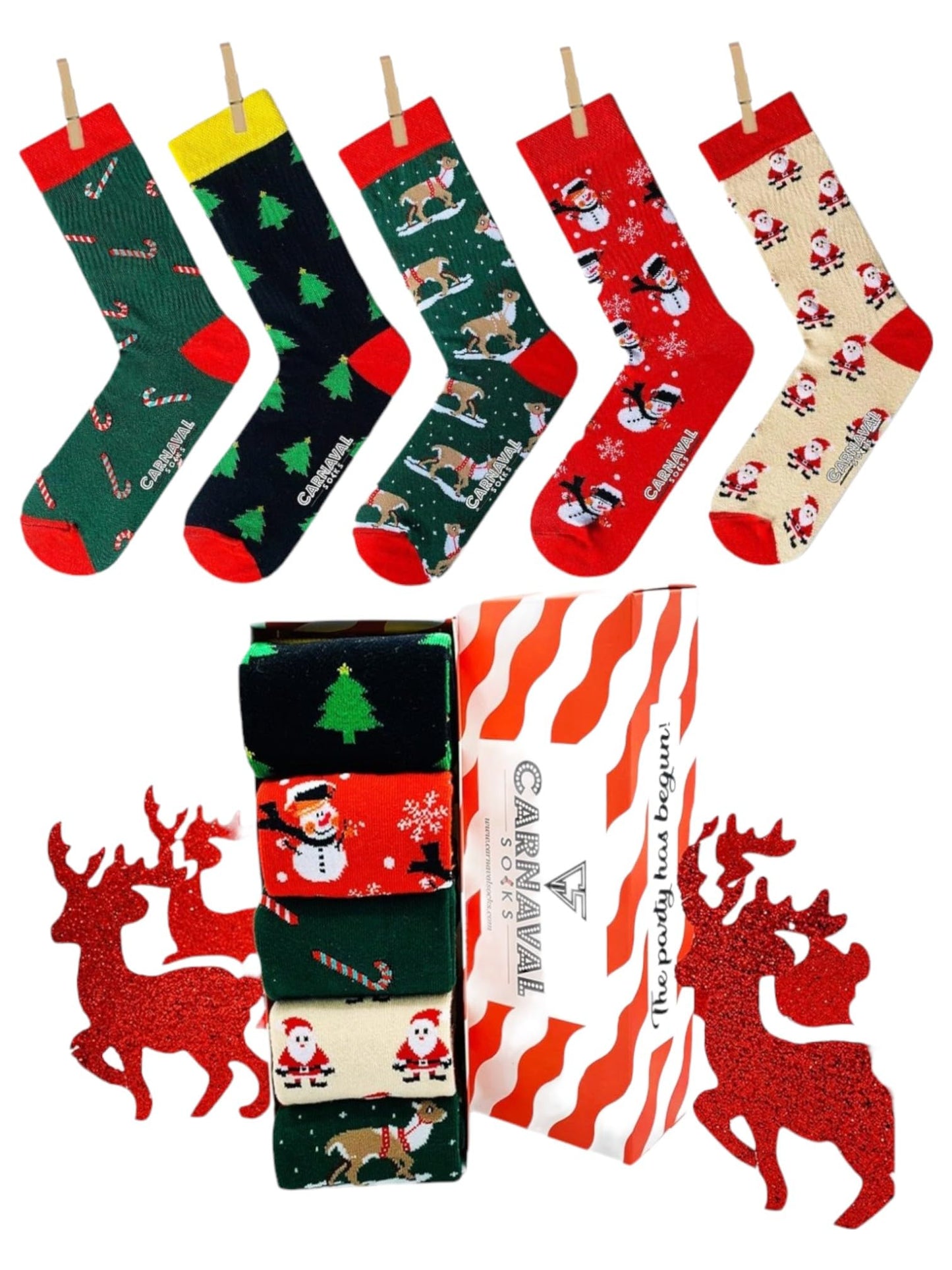 CARNAVAL SOCKS THE PARTY HAS BEGUN Women's & Men's Christmas Novelty Socks, Multicolor Cartoon Crew Length, 2 Count, Adults, Christmas Lovers, Novelty Socks Enthusiasts - Medaid International