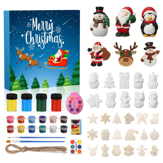Roowest 2025 Craft Advent Calendar 24 Days Christmas Countdown Calendar 3D Unpainted Ceramic Figurines and DIY Wooden Art Crafts Painting Kit for Xmas Holiday Stocking Stuffers Party Favor Gifts - Medaid International