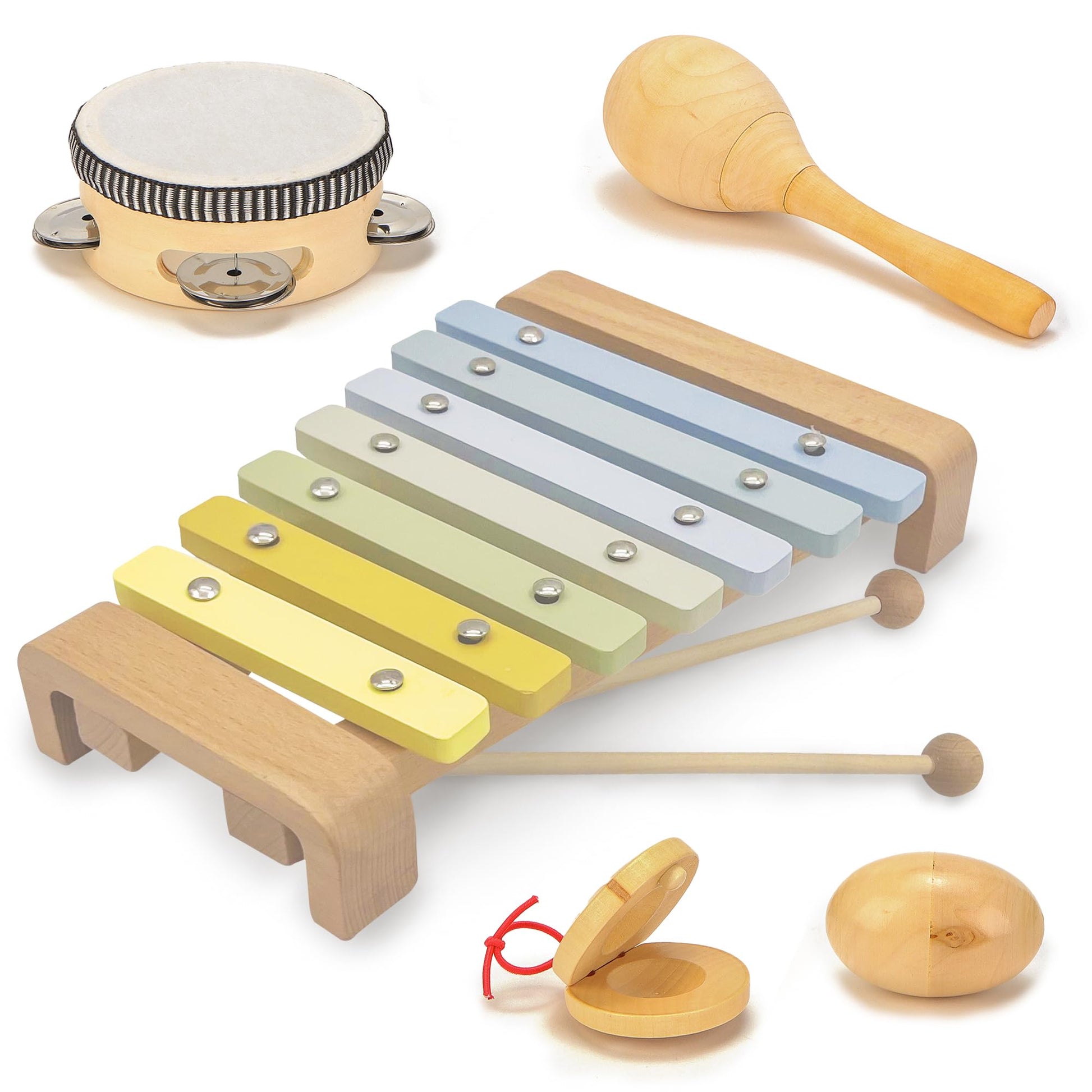Natural Wood Baby Toys - Musical Toys for Toddlers 1-3: Toddler Musical Instruments Set of 5 in 1, with a Tambourine, Egg Shaker, Castanet, Maracas and Xylophone for Kids at All Ages - Medaid International