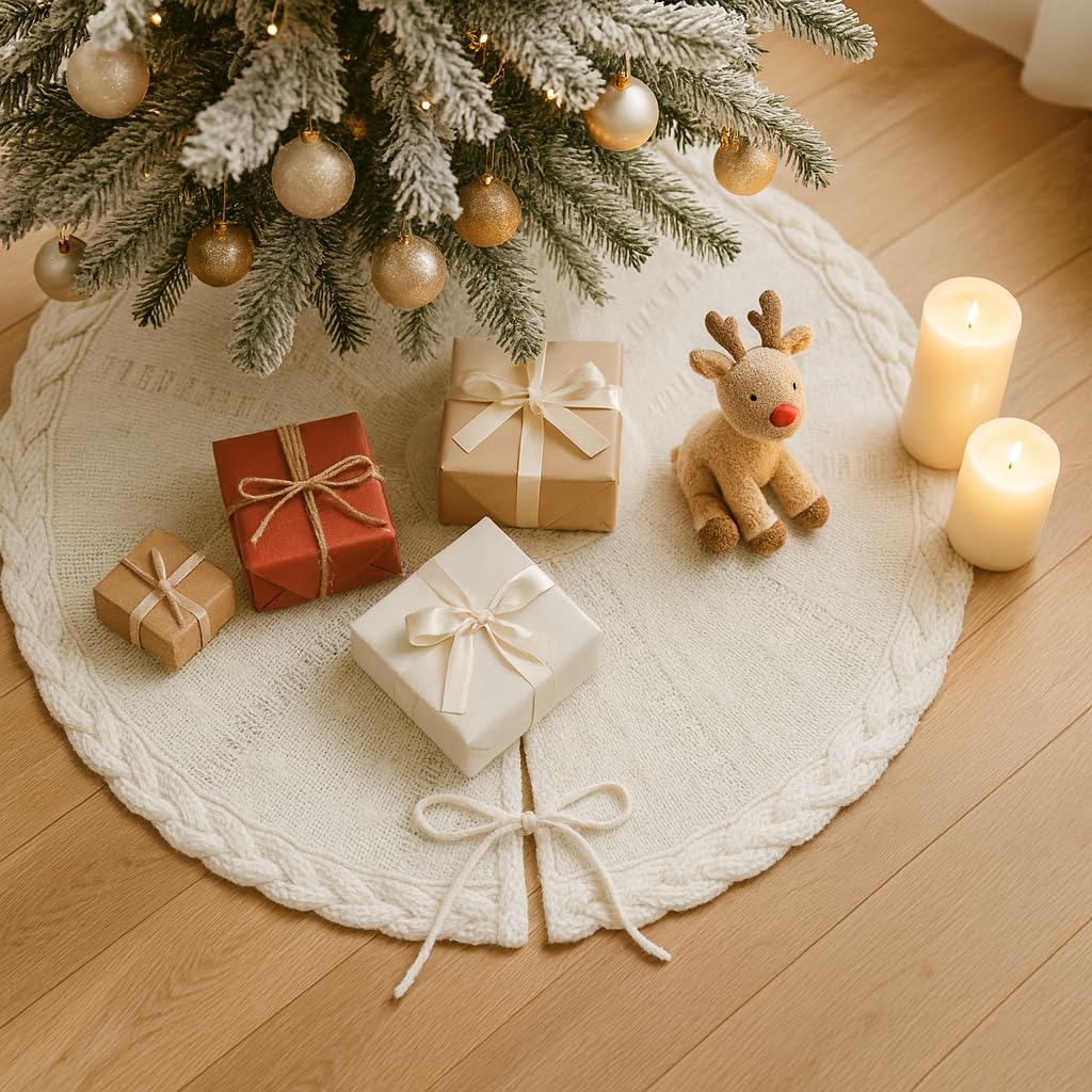 PUKUPIG 24 Inch White Knitted Small Christmas Tree Skirt, Chunky Cable Knit with Braided Scalloped Edge, Perfect for Xmas Holiday Decorations - Medaid International