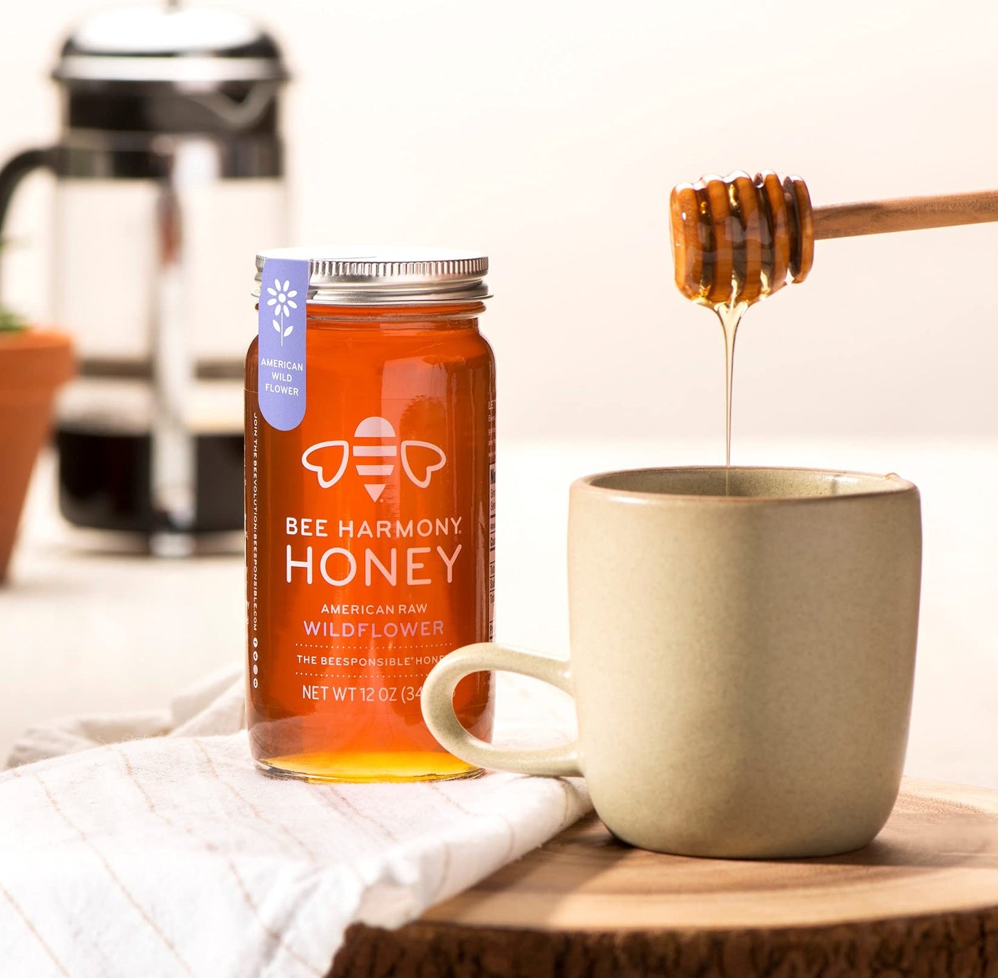 Bee Harmony American Raw Wildflower Honey, 12 OZ (Pack of 2 Jars) - Medaid International