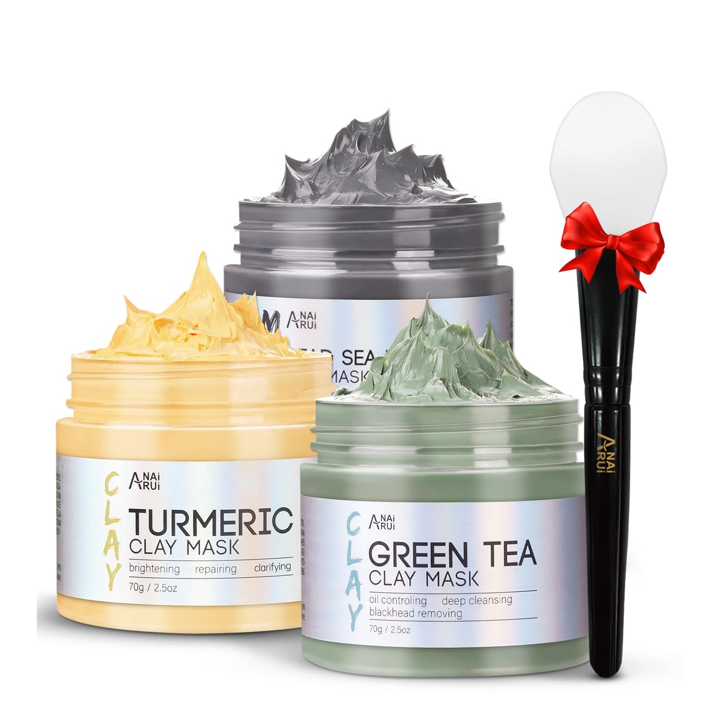 ANAI RUI 3Pcs Face Mask Set, Turmeric Clay Mask - Green Tea Face Mask - Dead Sea Minerals Mud Mask, Holiday Gift Set, Stocking Stuffers for Women &Teen Girls, Self Care Gifts for Women 2.5 oz each - Medaid International