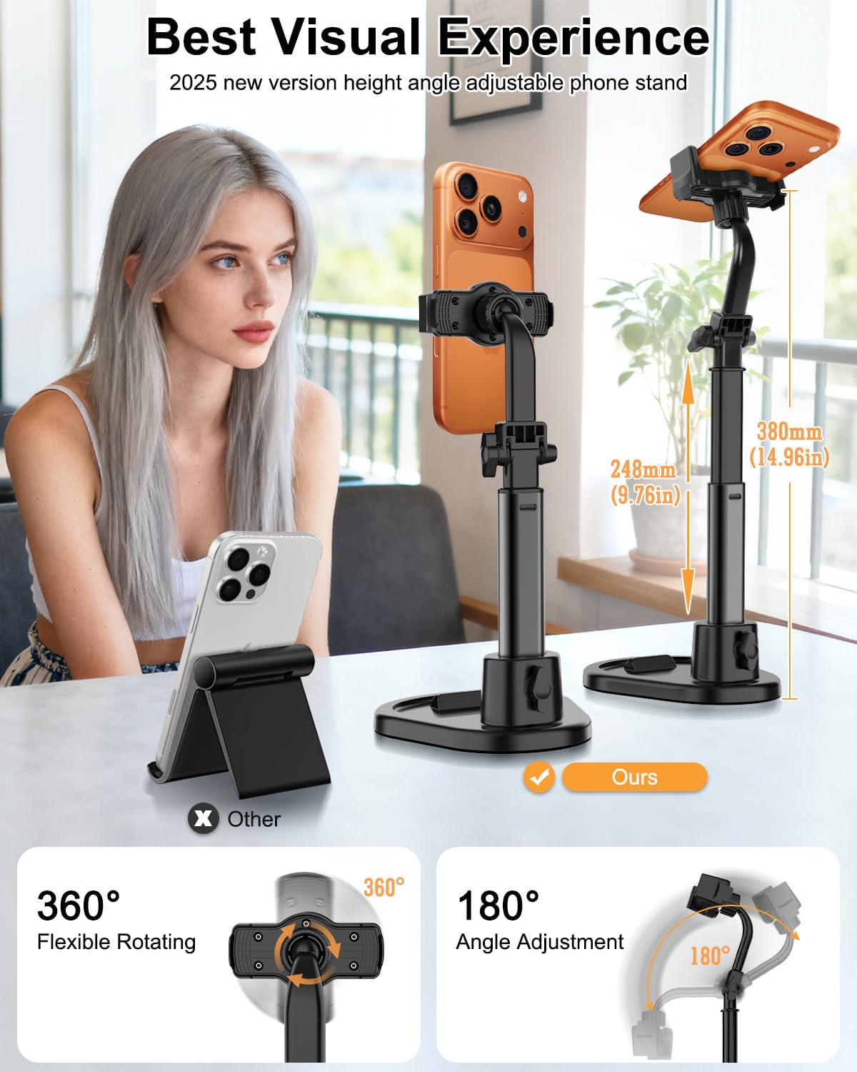 Cell Phone Stand for Desk,360° Rotating Adjustable Angle Height Phone Holder with Stable Metal Base Anti-Slip Recording Chat Tilting Stand Retractable Cell Phone Stand Office Accessories,4.7"-7",Dark - Medaid International