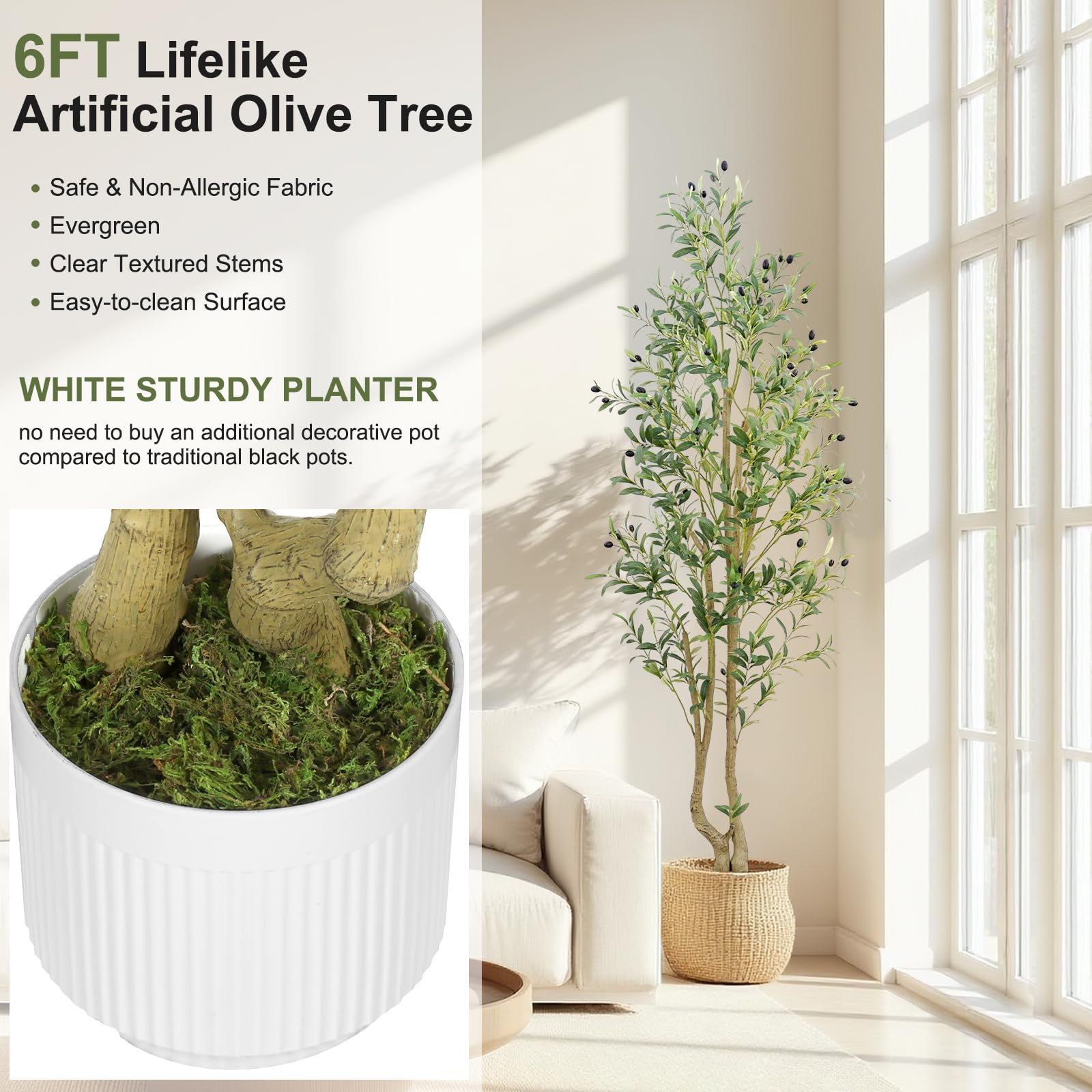 HZXGCP Olive Tree 6ft, Artificial Olive Tree with White Pot, Fake Tree with 1296 Dense Leaves & 72 High-Simulated Olive Fruits - Easy Assembly, Low Maintenance (Olive Tree 6ft) - Medaid International
