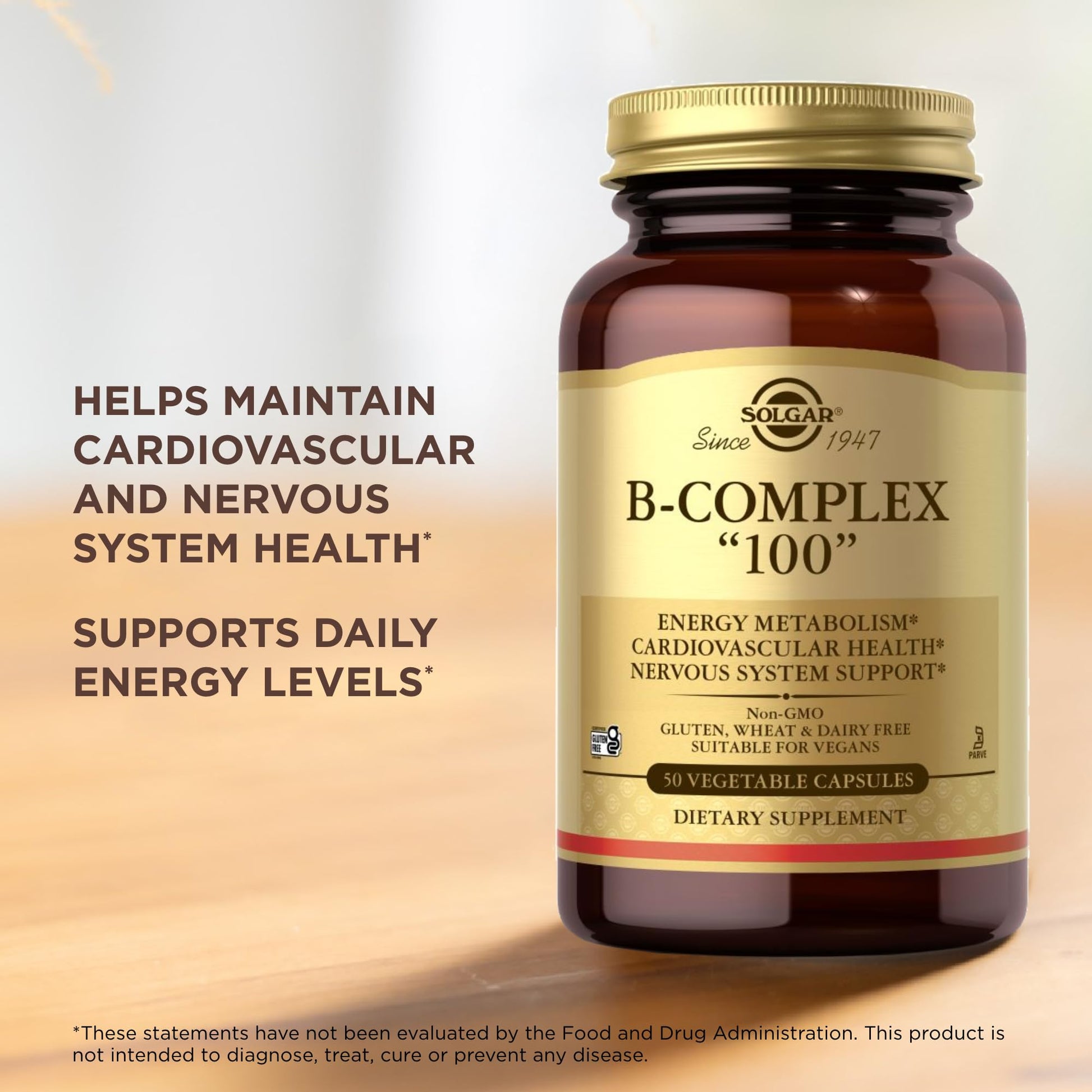 Solgar B-Complex "100", 50 Vegetable Capsules - Nervous System Support - Supports Energy Metabolism - Non-GMO, Vegan, Gluten Free, Dairy Free, Kosher - 50 Servings - Medaid International