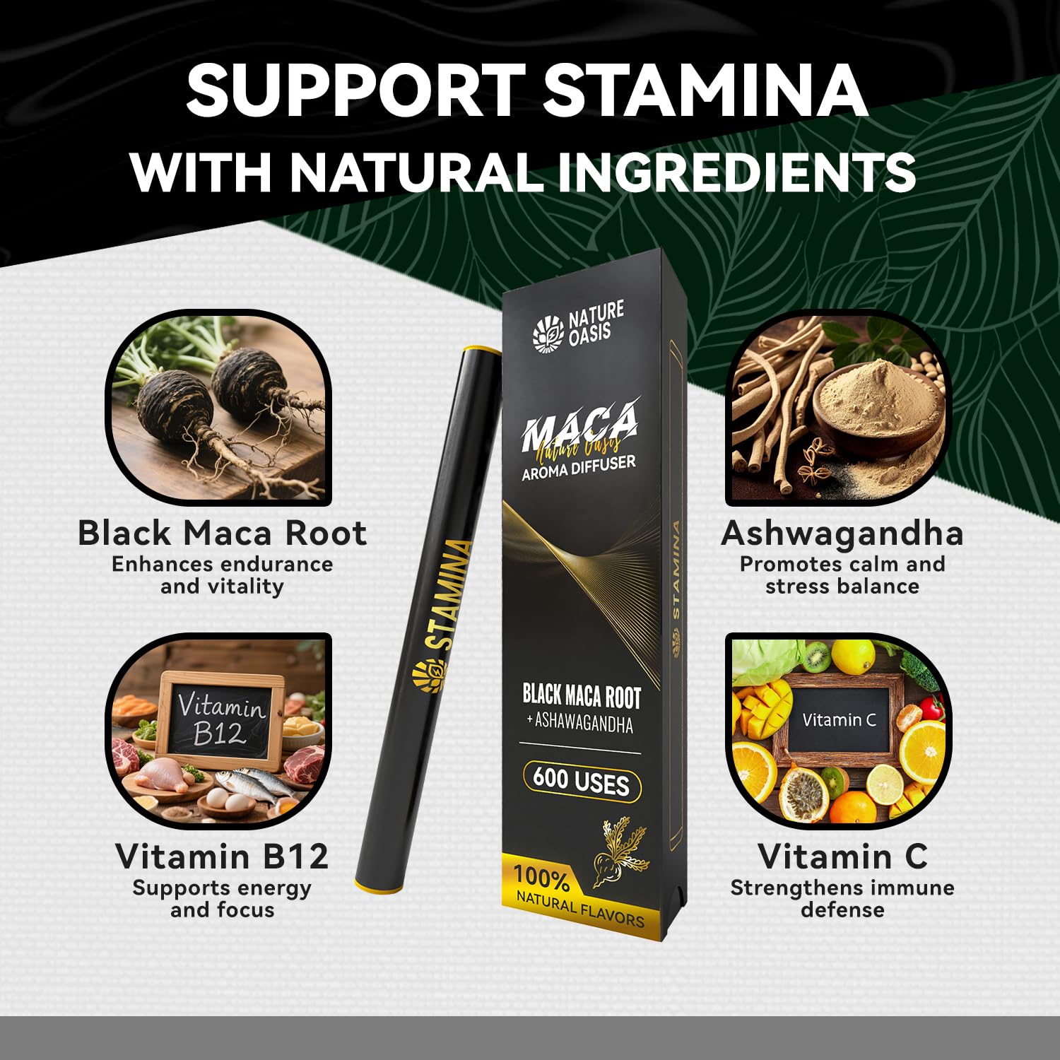 Maca Diffuser with Ashwagandha, Vitamin B12 & C, Natural Plant-Based Stamina Stick, Anxiety Pen, Alpha Pen for Daily Vitality & Endurance - Medaid International