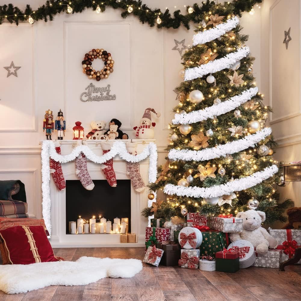 Christmas Snowflake Tinsel Garland Metallic Twist Garland Decor Foil Tinsel for Christmas Tree Xmas Home Fireplace Party Decorations(White) - Medaid International