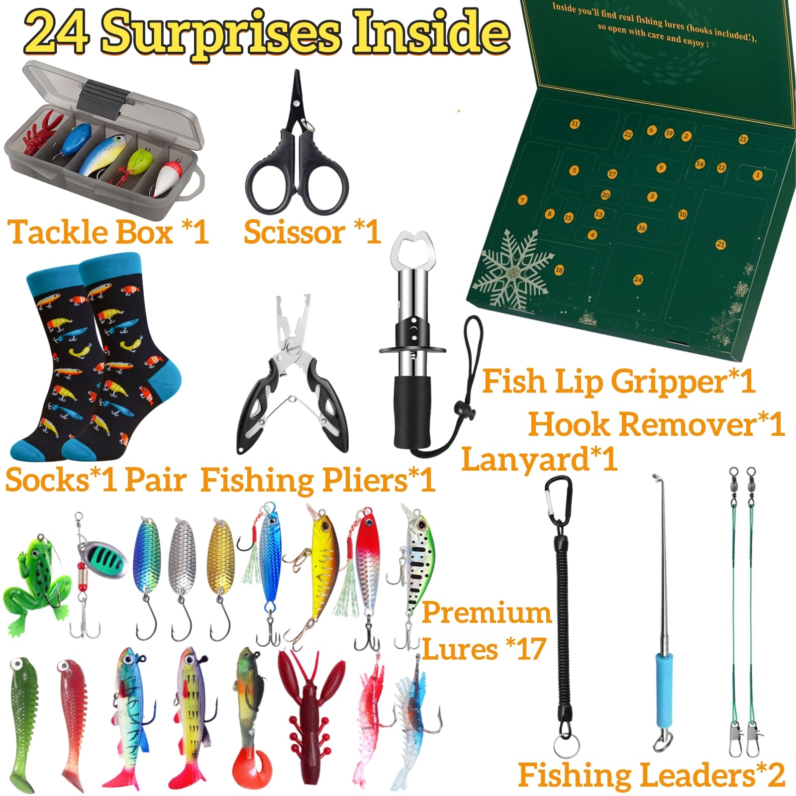 Fishing Advent Calendar 2025 for Men, 24-Day Fishing Tackle Advent Calendar with Lures, Tools, Tackle Box & Holiday Surprises, Christmas Countdown Gift for for Men, Dad, Husband - Medaid International