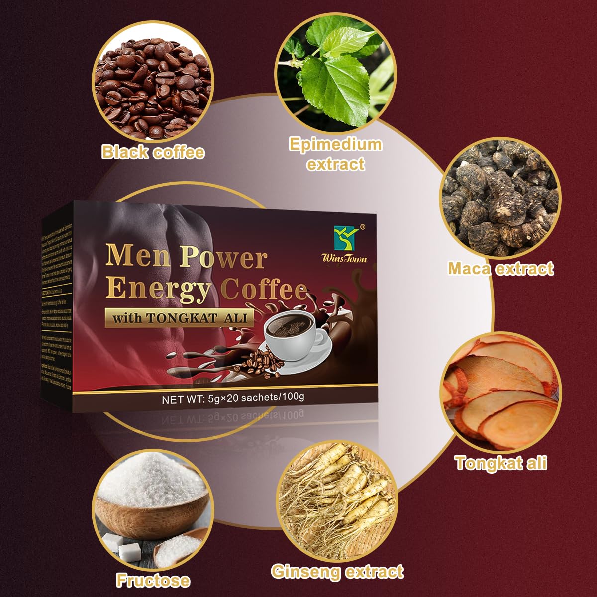 Men's Herbal Energy Coffee - Instant Black Coffee with Maca, Tongkat Ali, Epimedium & Ginseng – Boost Focus, Stamina & Vitality – 20 Sachets - Medaid International