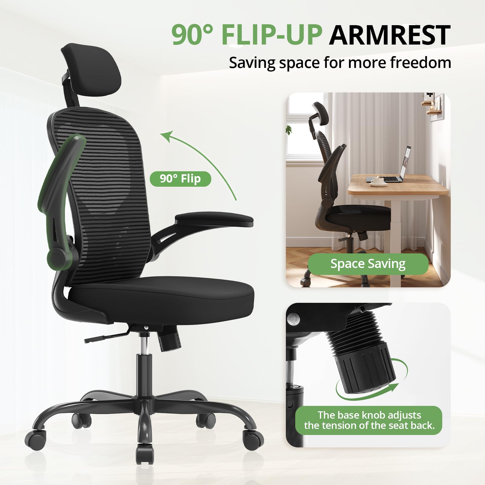Office Chair Ergonomic Desk Chair, 330LBS Capacity, High Back Computer Chair for Long Hours Comfortable, Rolling Swivel Executive Task Chair for Home Office with Flip-up Armrests, Black - Medaid International