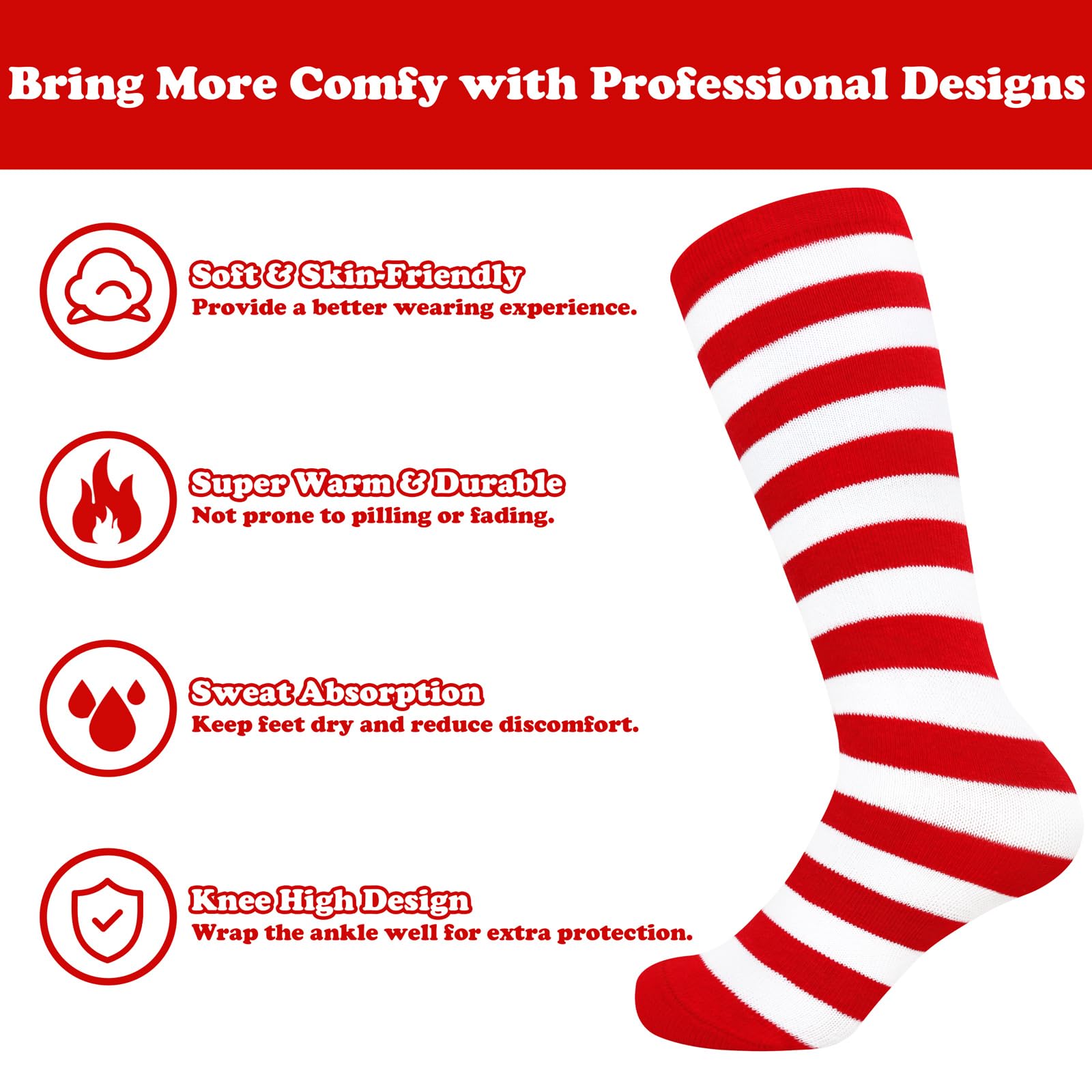 Kids Christmas Socks for Kids Red and White Striped Socks Toddler Christmas Sock Girls Long Sock Halloween Accessories - Medaid International