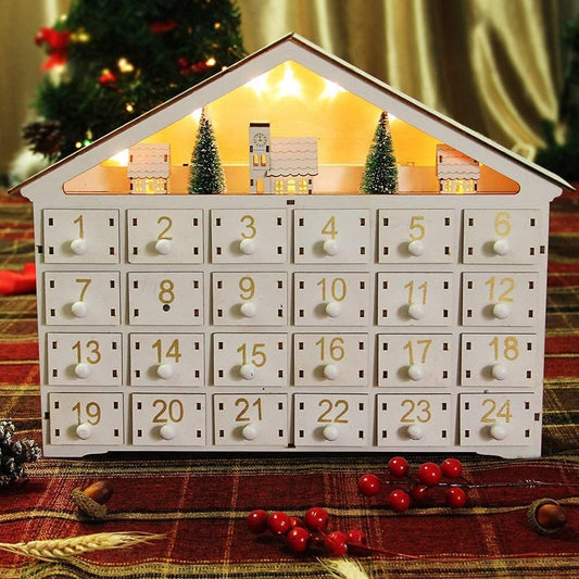 MorTime LED 24 Day Advent Calendar Decorated with Christmas Tree House and LED Lights, Lighted White Wooden Countdown to Christmas Calendar - Medaid International
