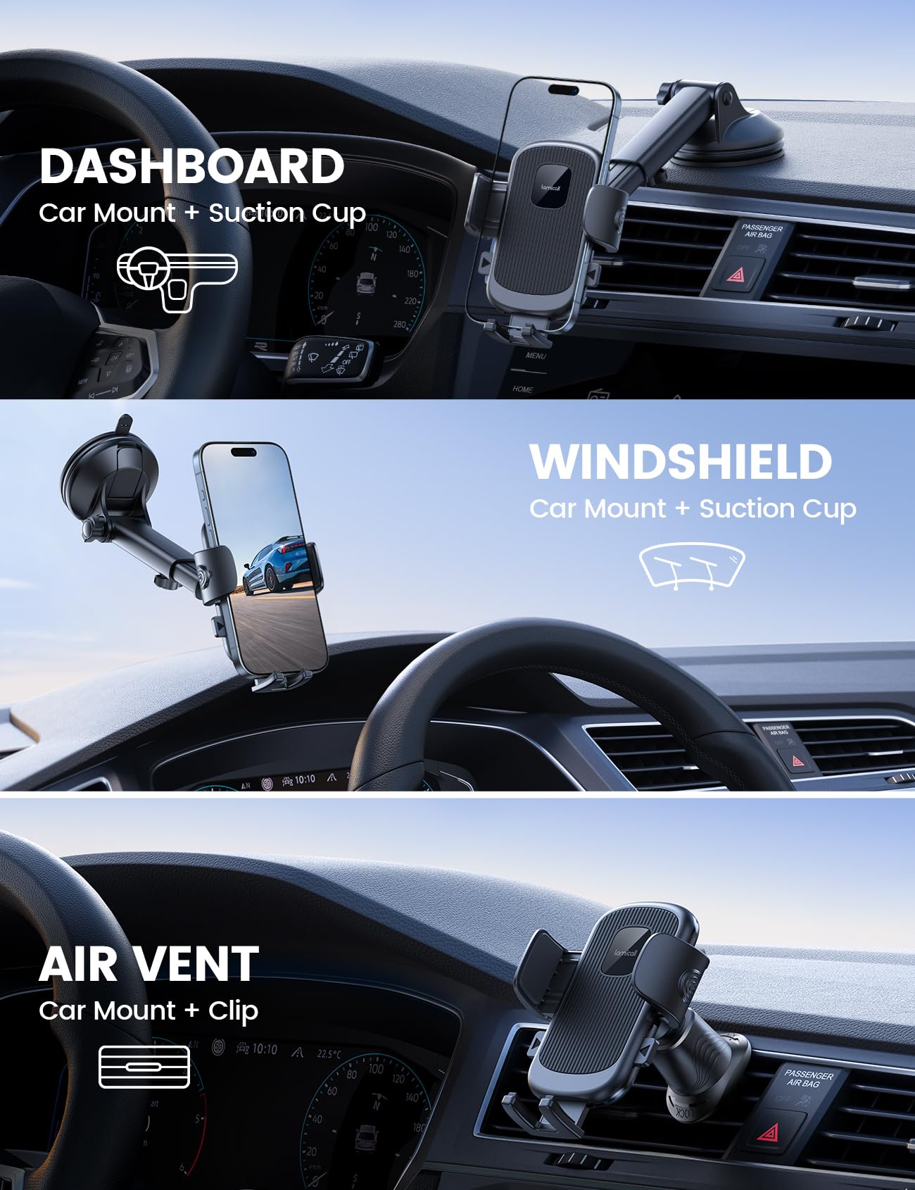 Lamicall Car Phone Holder Mount [3-in-1 Military-Grade Suction Cup] 360° Rotation Phone Holders for Your Car [Metal Hook] Cell Phone Car Mount Dashboard Vent Windshield for iPhone 17 16 All Smartphone - Medaid International