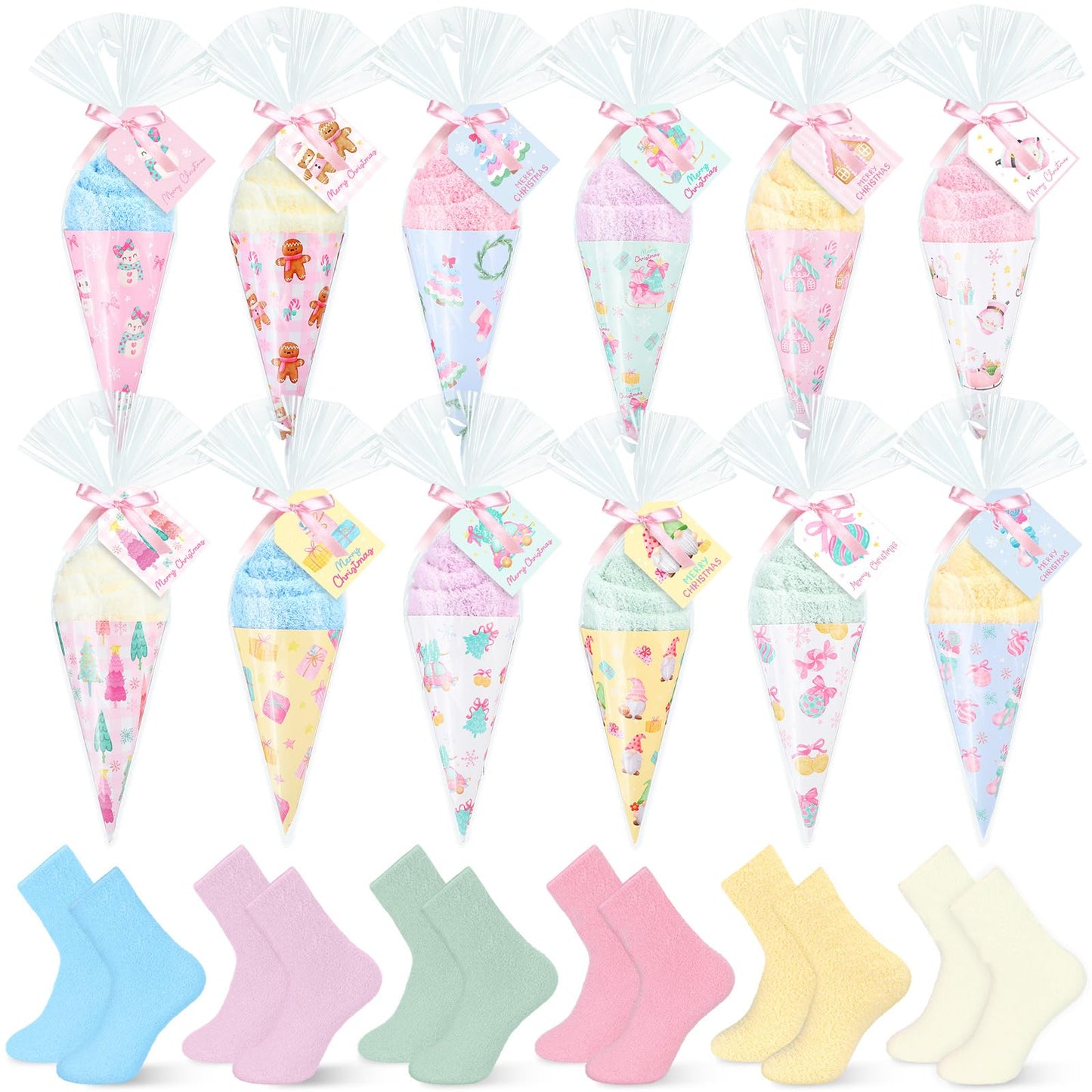 JenPen 12 Sets Funny Christmas Socks Gift for Women Novelty Cozy Ice Cream Warm Pink Christmas Fuzzy Socks with Card Ribbon Wrapping Bags Boho Xmas Holiday Stocking Stuffers Gift for Winter Holiday - Medaid International