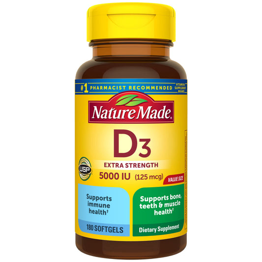 Nature Made Vitamin D3 5000 IU (125 mcg) Softgels, Extra Strength Vitamin D Supplement for Bone and Immune Health Support, 180 Count, 180 Day Supply - Medaid International